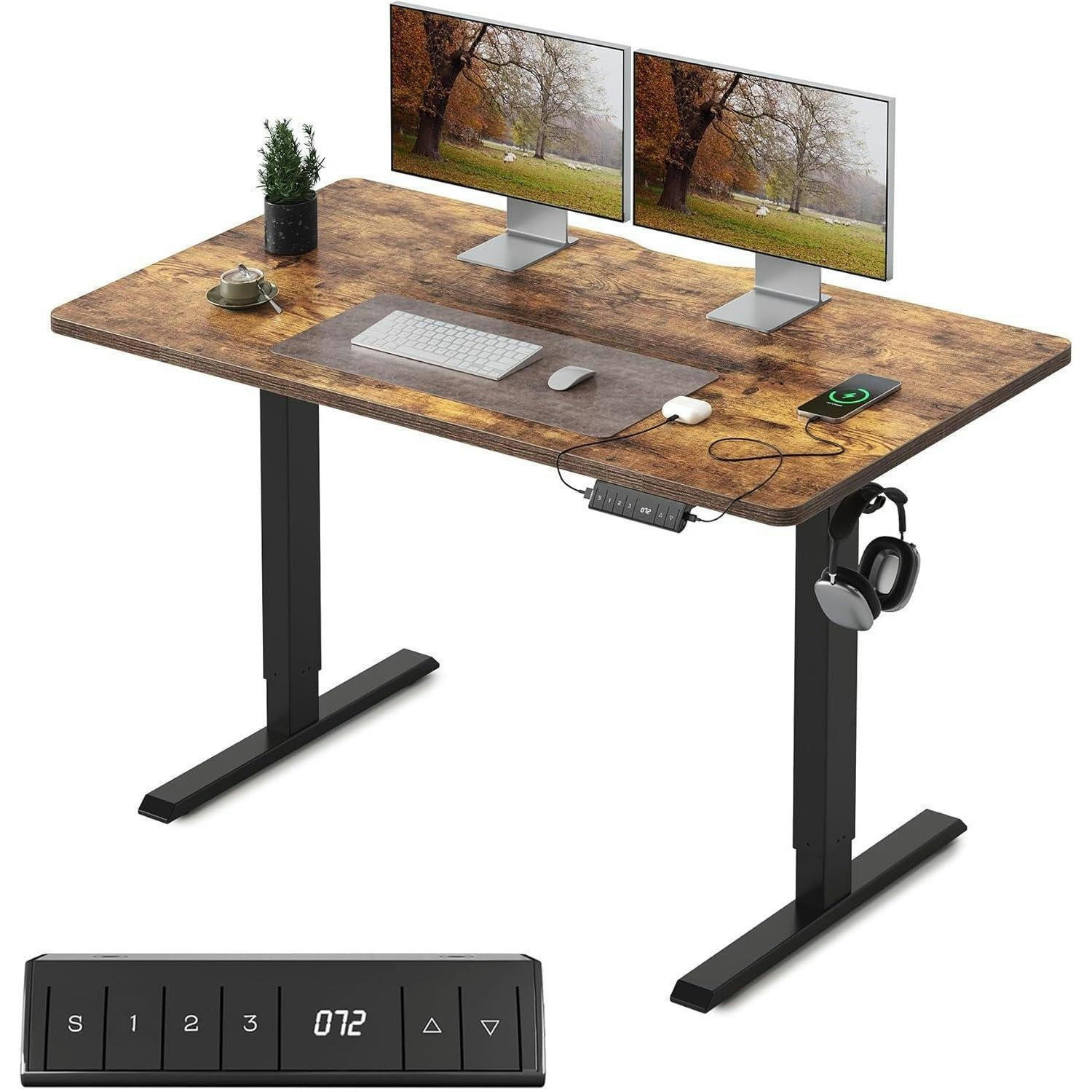 SCHREIBTISCH höhenverstellbar elektrisch 100 x 60 cm Braun mit USB-Anschlüssen - Braun, Holzwerkstoff (60/100/72cm)