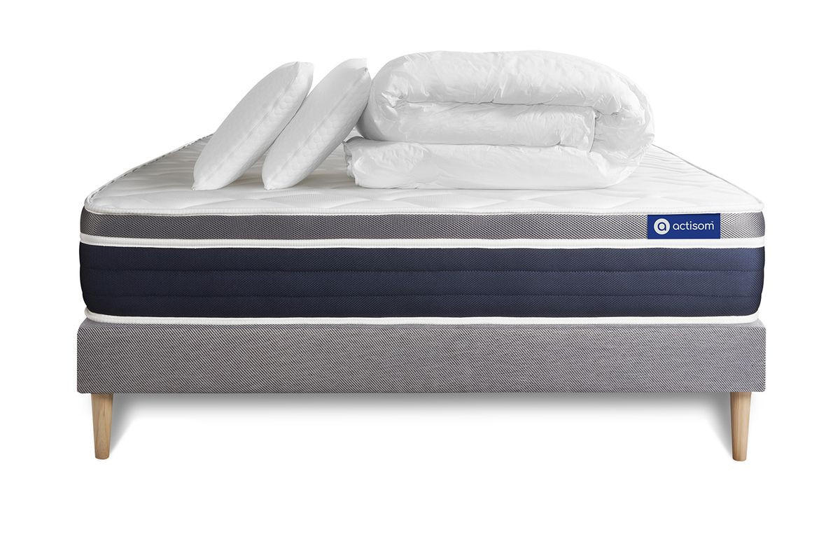 BETT Actiflex confort Taschenfederkern und Memory-Schaum 140 x 190 cm h2 - Kit Bettgestell Grau - Mit Kissen und Bettdecke - Beige/Grau, Karton/Holz (140/190cm) - ACTISOM