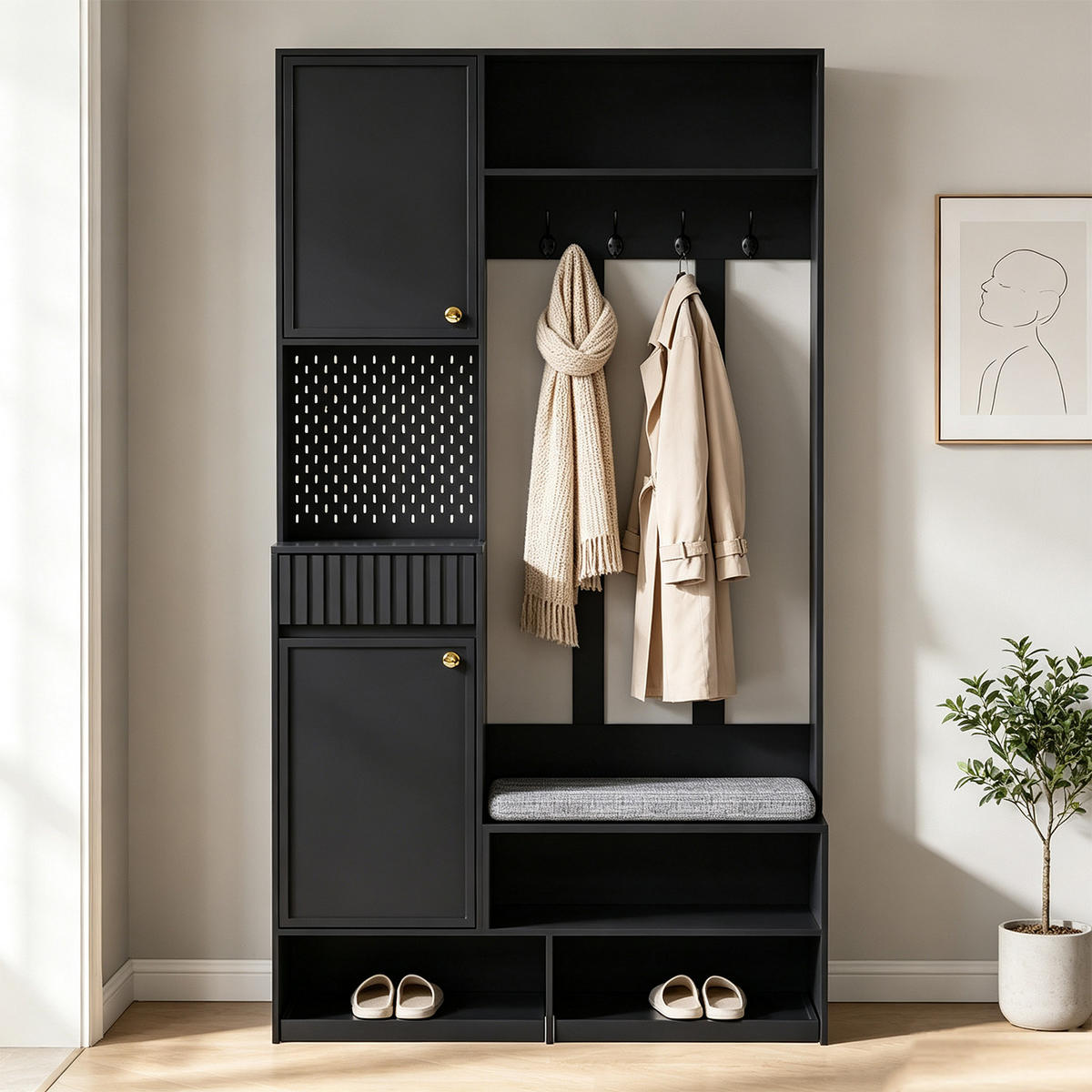 FLUR-SET mit Bank, 4 Haken, Türen und Schubladen, schwarz - Schwarz, Holz (35/180/100cm) - Meubles Cosy