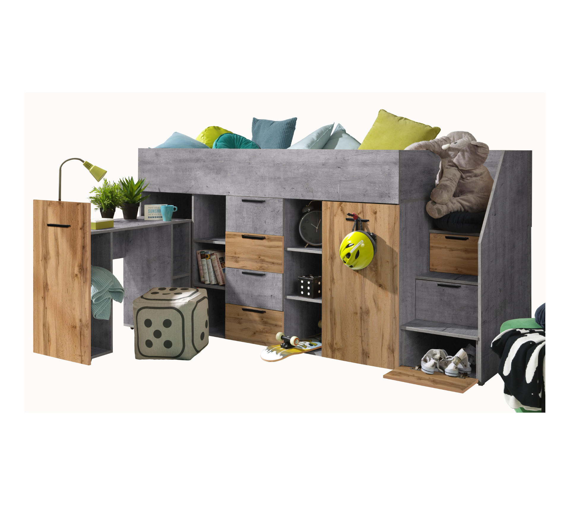 HOCHBETT mit Schreibtisch 90/200 cm - Eiche Wotan/Schwarz, Holz (90/200cm) - Abiks Möbel
