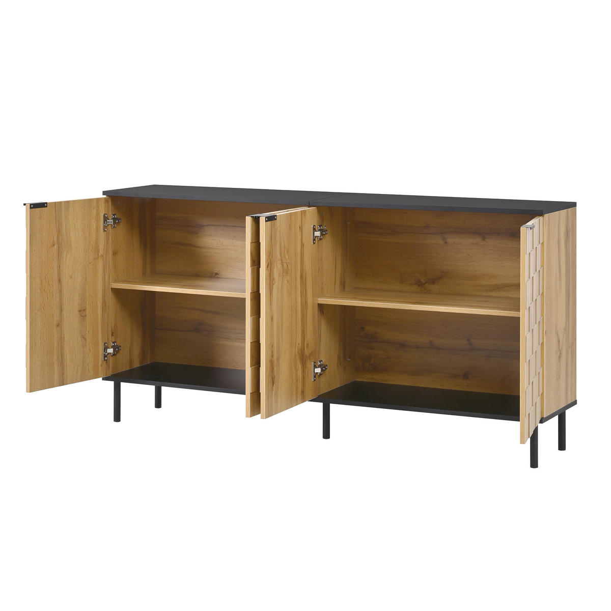 KOMODA v videzu lesa in z mozaik dizajnom z 2 vrati in črnimi kovinskimi nogami - naravne barve, leseni material (160/80.5/35cm) - Urban Meuble