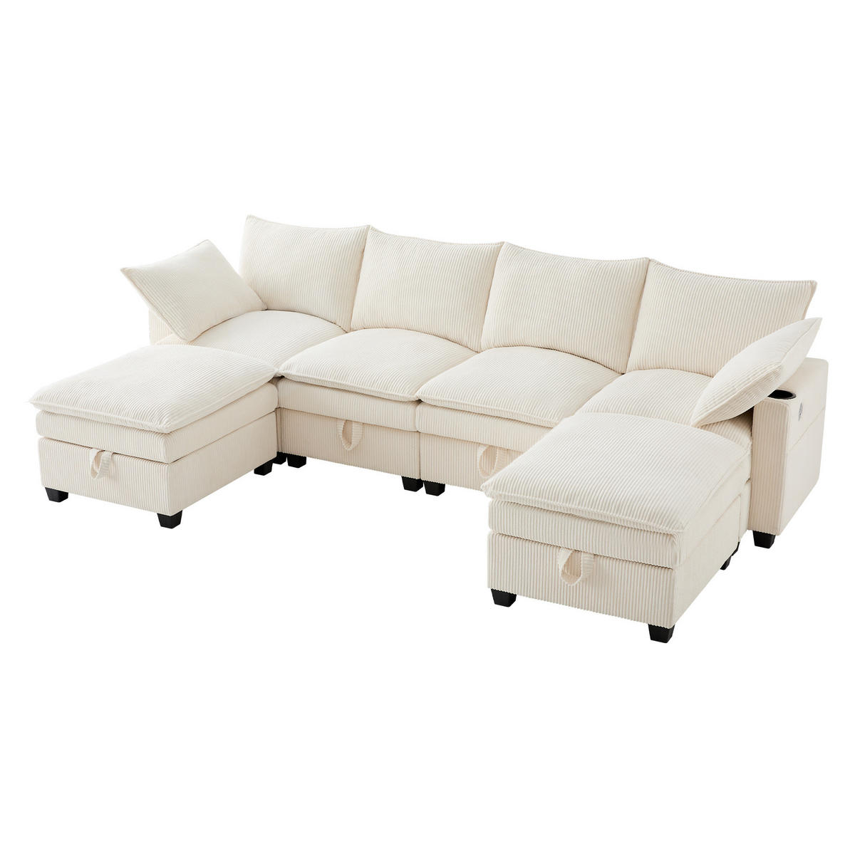 WOHNLANDSCHAFT aus Cord 280x151x82 cm Beige mit USB-Anschlüssen, Stauraum, Getränkehaltern und 2 Fußhockern - Beige, Textil (152/83/280cm) - Modfu