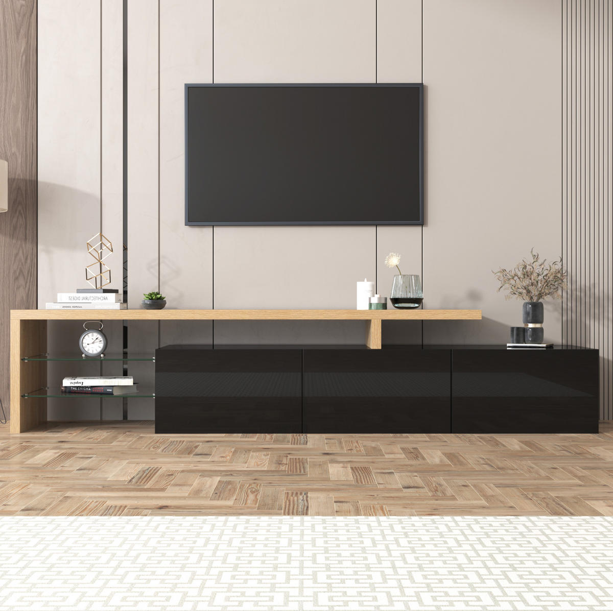 LOWBOARD 197,5/39/42 cm aus MDF und Glas mit 7-farbiger LED-Beleuchtung Schwarz/Natur - Naturfarben, Holzwerkstoff (197.5/42/39cm) - Modenvie