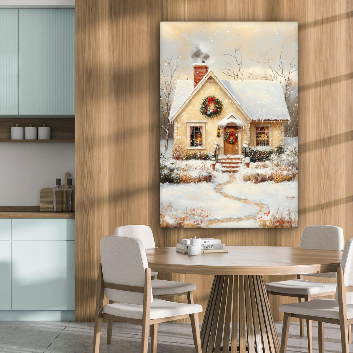 LEINWANDBILD Weihnachten - Zuhause - Winter - Schnee 80x120 cm - Creme, Textil (80/120cm) - MuchoWow