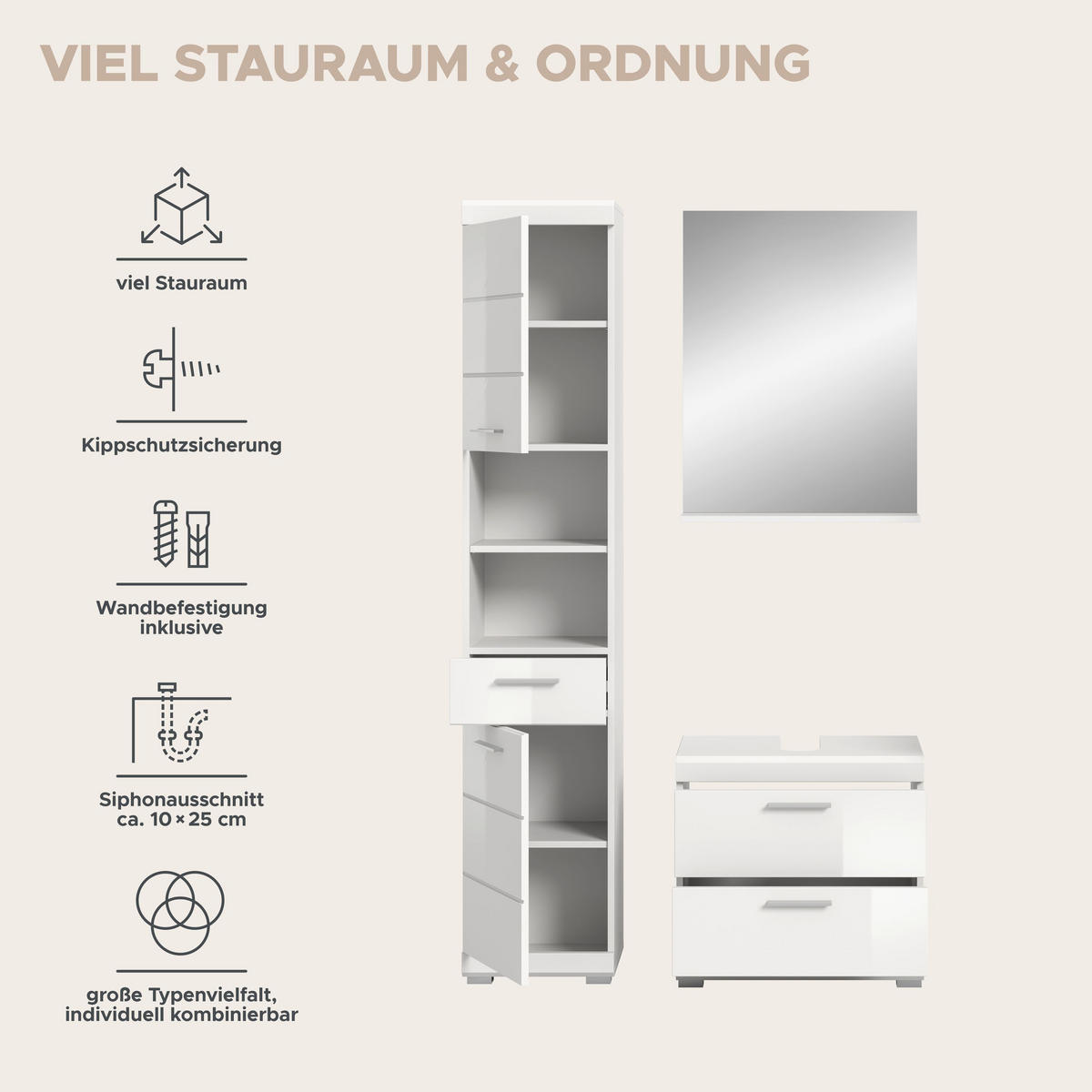 BADKOMBINATION 3tlg. Scout Bad in weiß Nachbildung und weiß hochglanz B/H/T: 112x191x34 cm - Weiß, Holz (112/191/37cm)