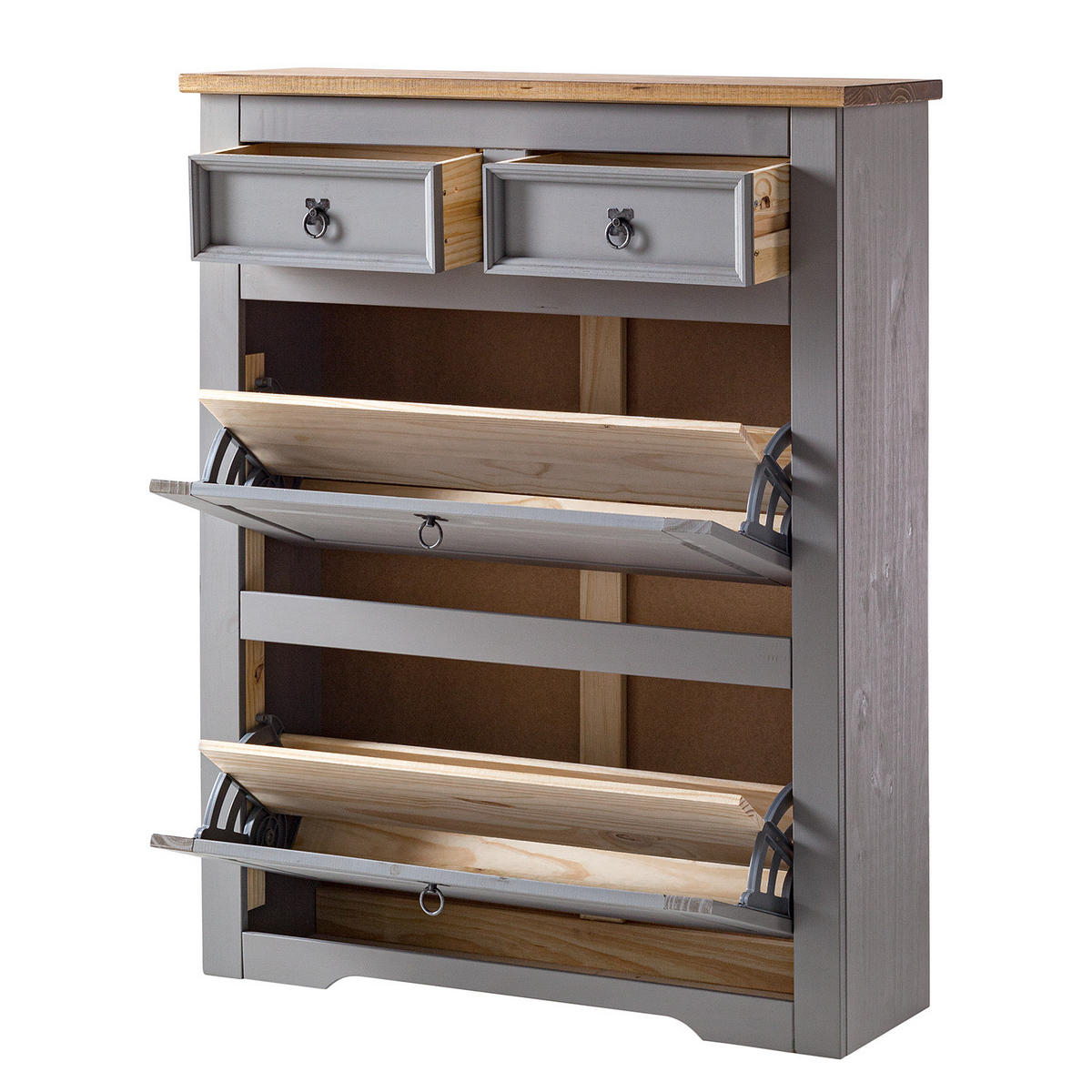 SCHUHKIPPER - Kiefer massiv - Schwarz/Kieferfarben, Holz/Metall (99/123/32cm) - home24