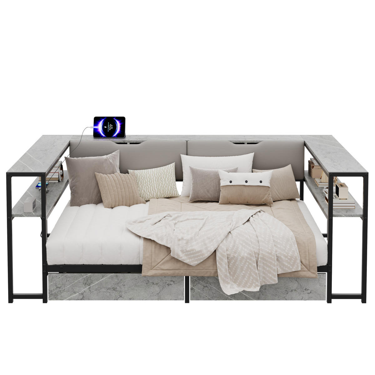 POLSTERBETT 90/200 cm grau aus MDF und Metall mit USB-C und 2 Schubladen - Grau, Holzwerkstoff (90/200cm) - OKWISH