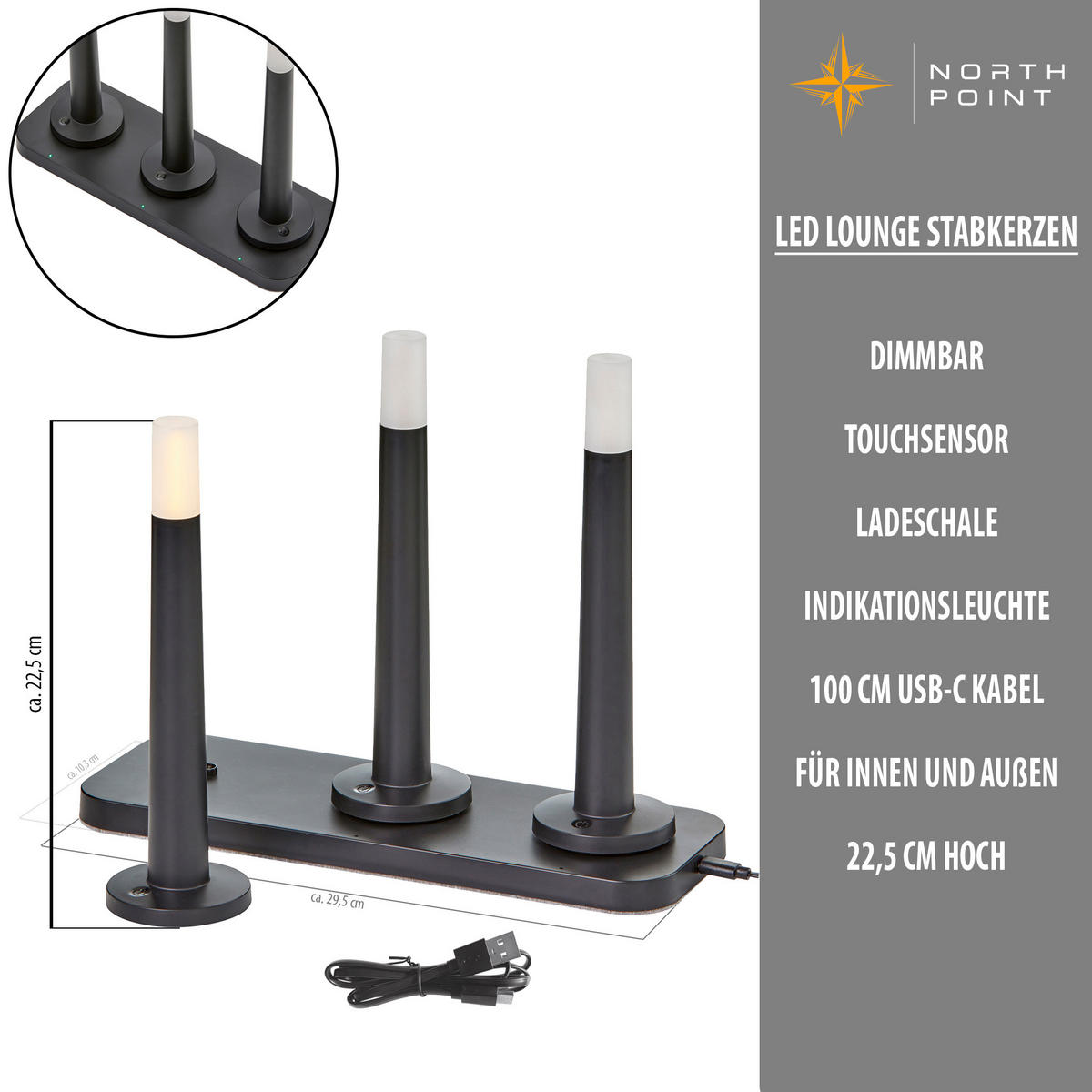 LED-STABKERZEN - dimmbar in warmweiß mit induktiver Ladeschale und Touchtaste für Innen und Außen, 3er-Set - Schwarz, Kunststoff (24/29.5/10.3cm) - Northpoint