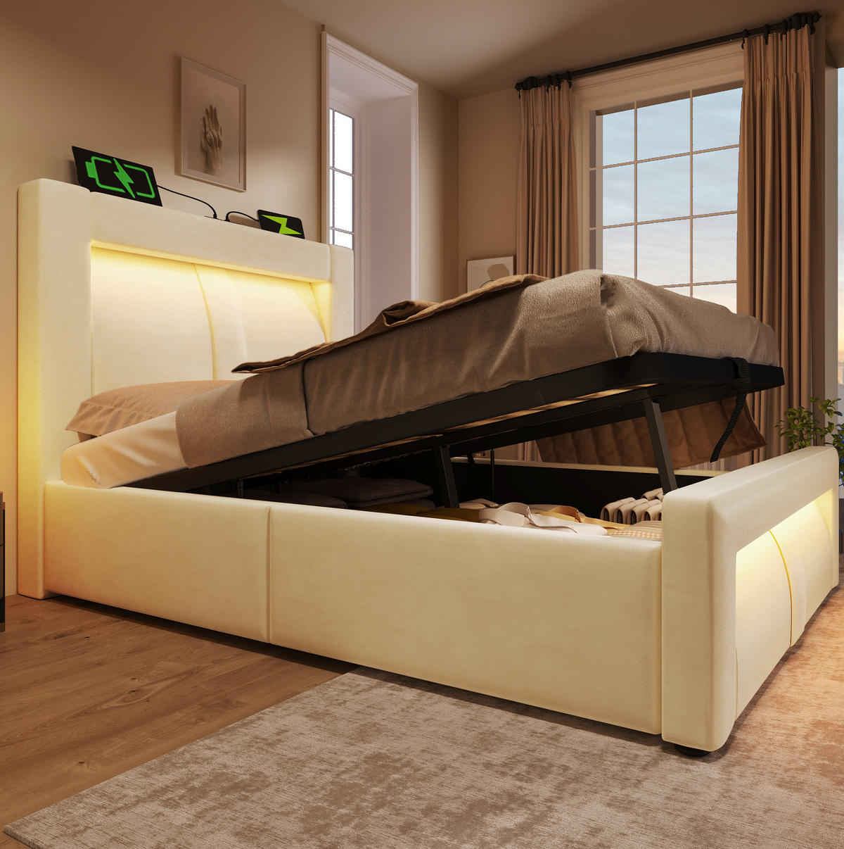 JEDNOLŮŽKOVÁ postel 90/200 cm béžová ze sametu s úložným prostorem a LED - béžová, textil (90/200cm) - OKWISH