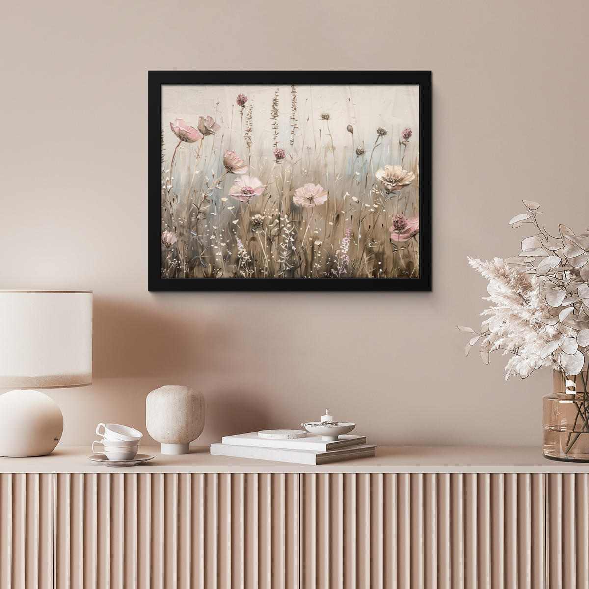 POSTER MIT RAHMEN Blumen - Rosa - Modern - Beige 40x30 cm - Beige, Papier (40/30cm) - MuchoWow