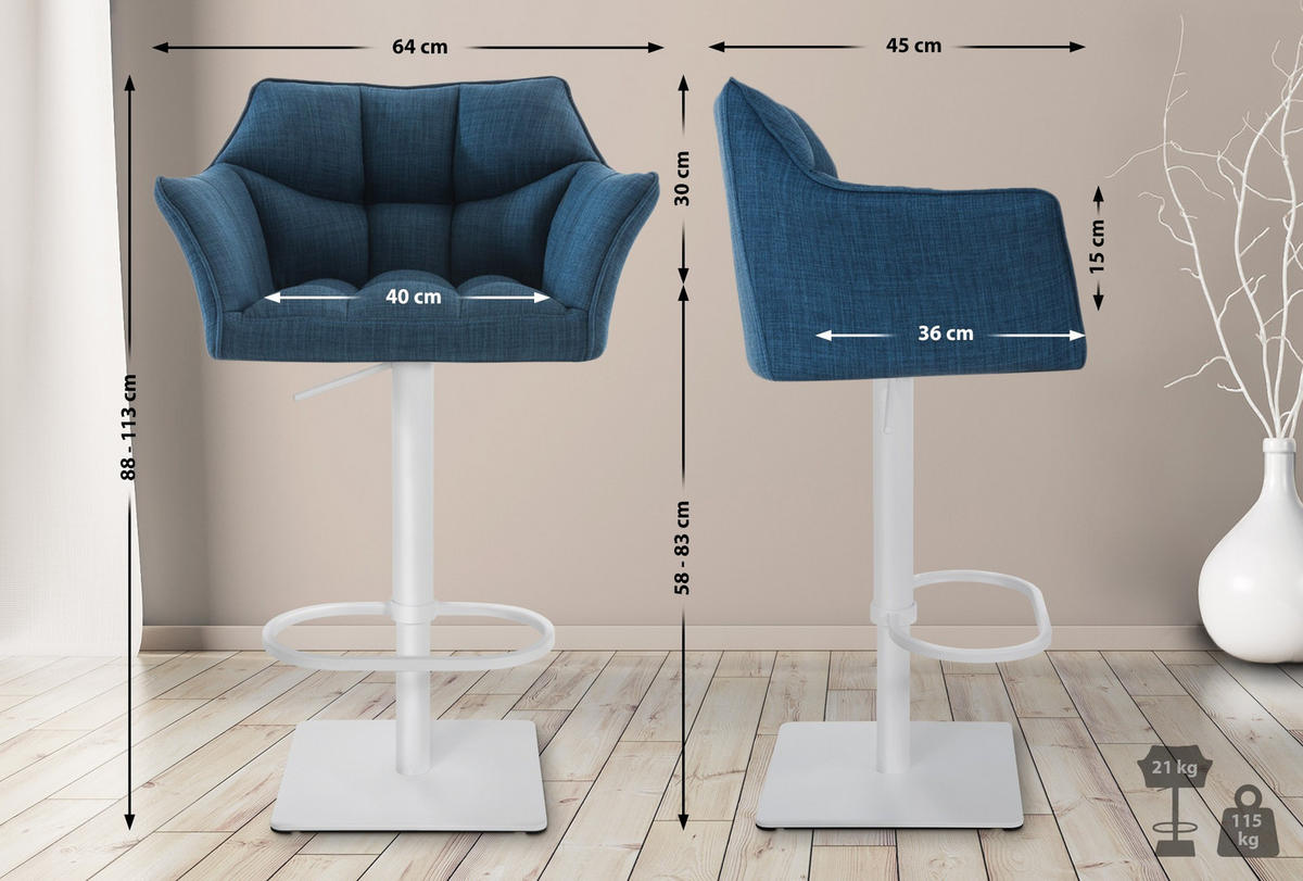 BARHOCKER Stoff Blau - Blau/Weiß, Textil/Metall (64/88/45cm) - CLP