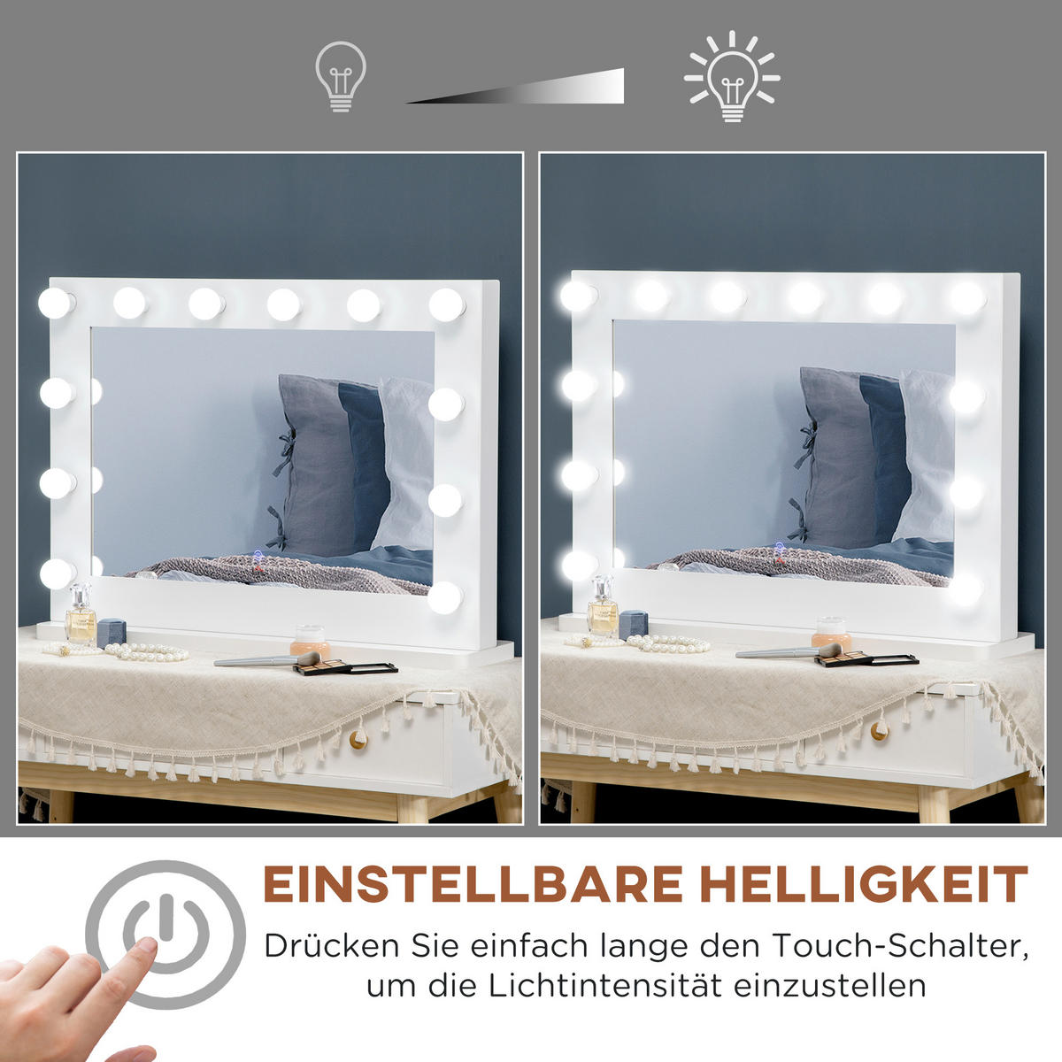 HOLLYWOOD Spiegel 80 x 60 cm Schminkspiegel mit LED-Beleuchtung, Touchschalter - Weiß, Metall (60/20/80cm) - HOMCOM