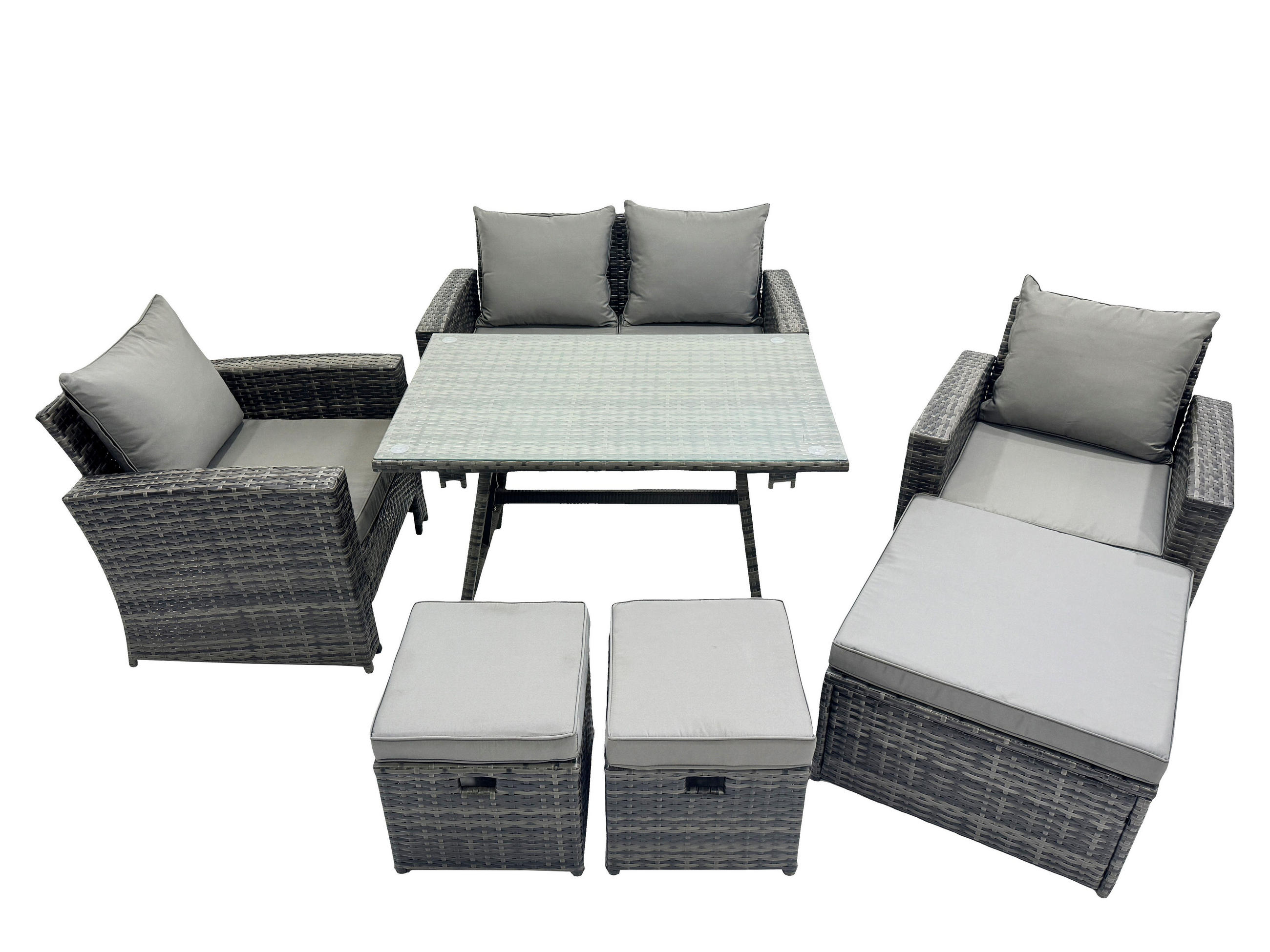 GARTENMÖBELSET mit ESSTISCH,HOCHLEHNER-SOFA Polyrattan Dunkelgrauer Mix 7-Sitzer - Dunkelgrau/Grau, Glas/Kunststoff - Fimous