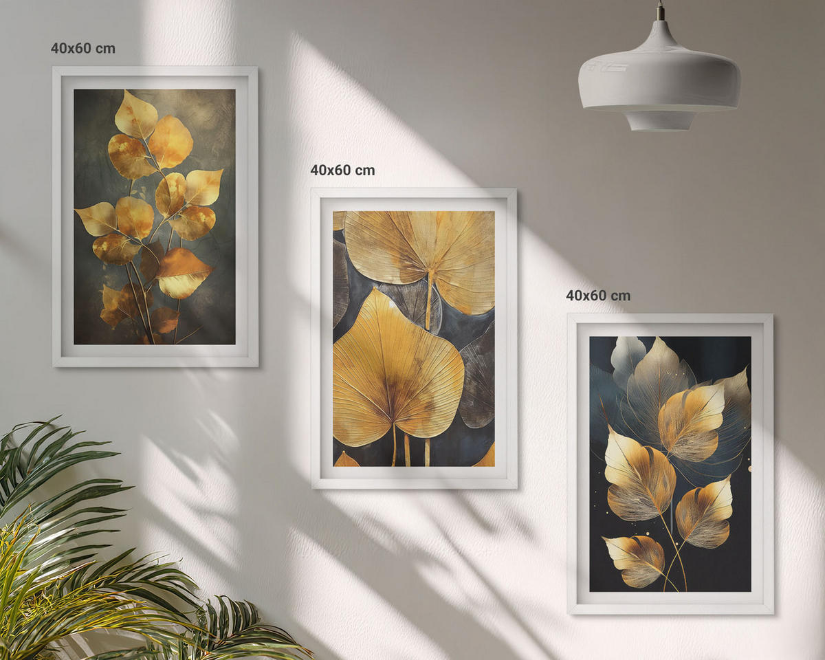 BILDER SET 3er Set - 40x60 cm Weißer Rahmen - Gelbe Blätter auf dunklem Hintergrund - Weiß, Kunststoff (40/60cm) - TULUP