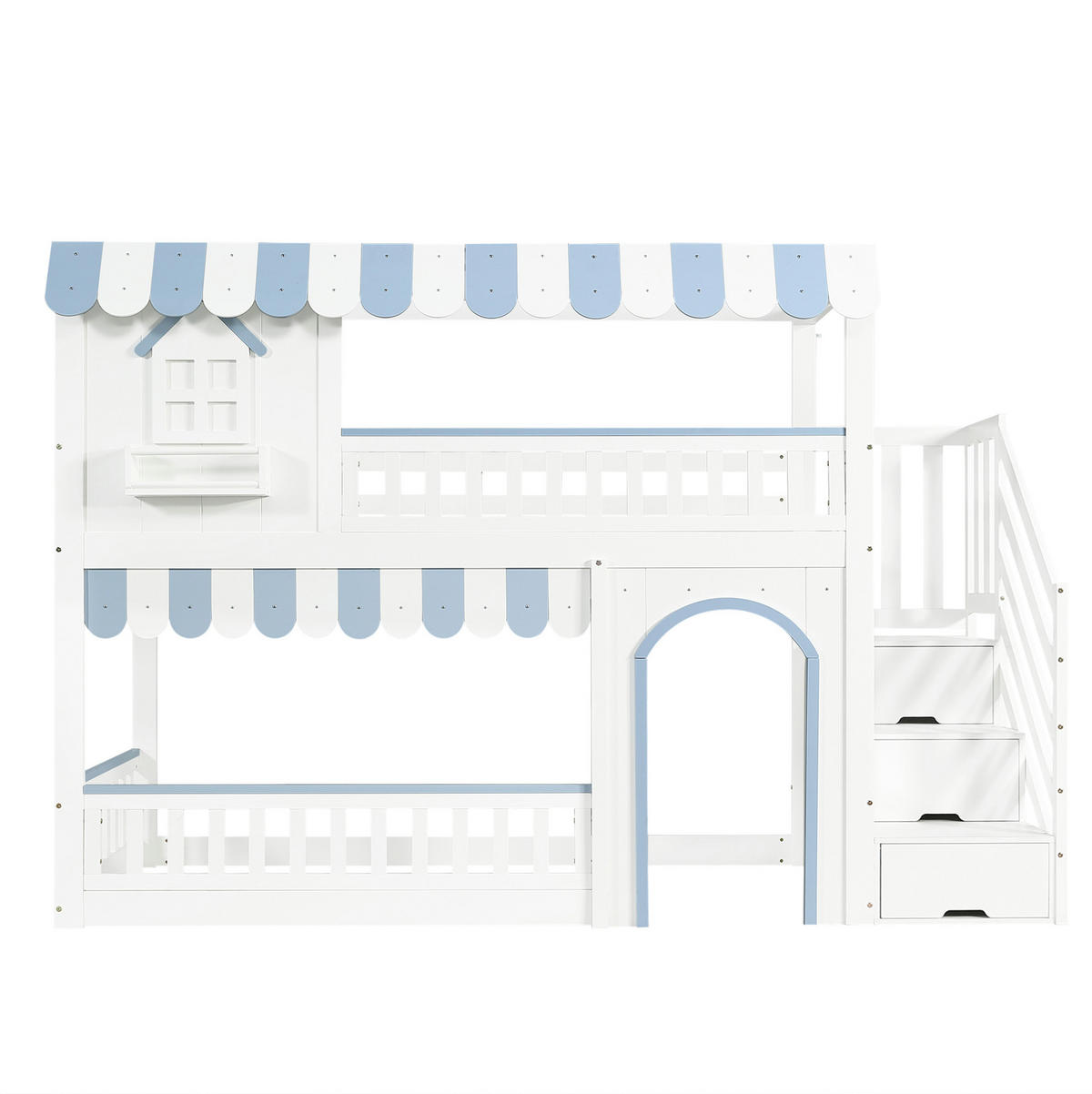VÝŠKOVÁ posteľ 90/200 cm biela a modrá s úložnými schodmi a zábranami z masívu a MDF - biela, drevo (90/200cm) - OKWISH