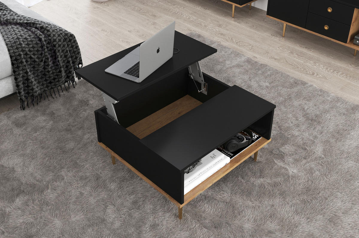 COUCHTISCH Harmoni, Höhenverstellbarer, Schwarz, Goldenen Details - Goldfarben/Schwarz, Holzwerkstoff/Metall (69/75/43cm) - Skandica