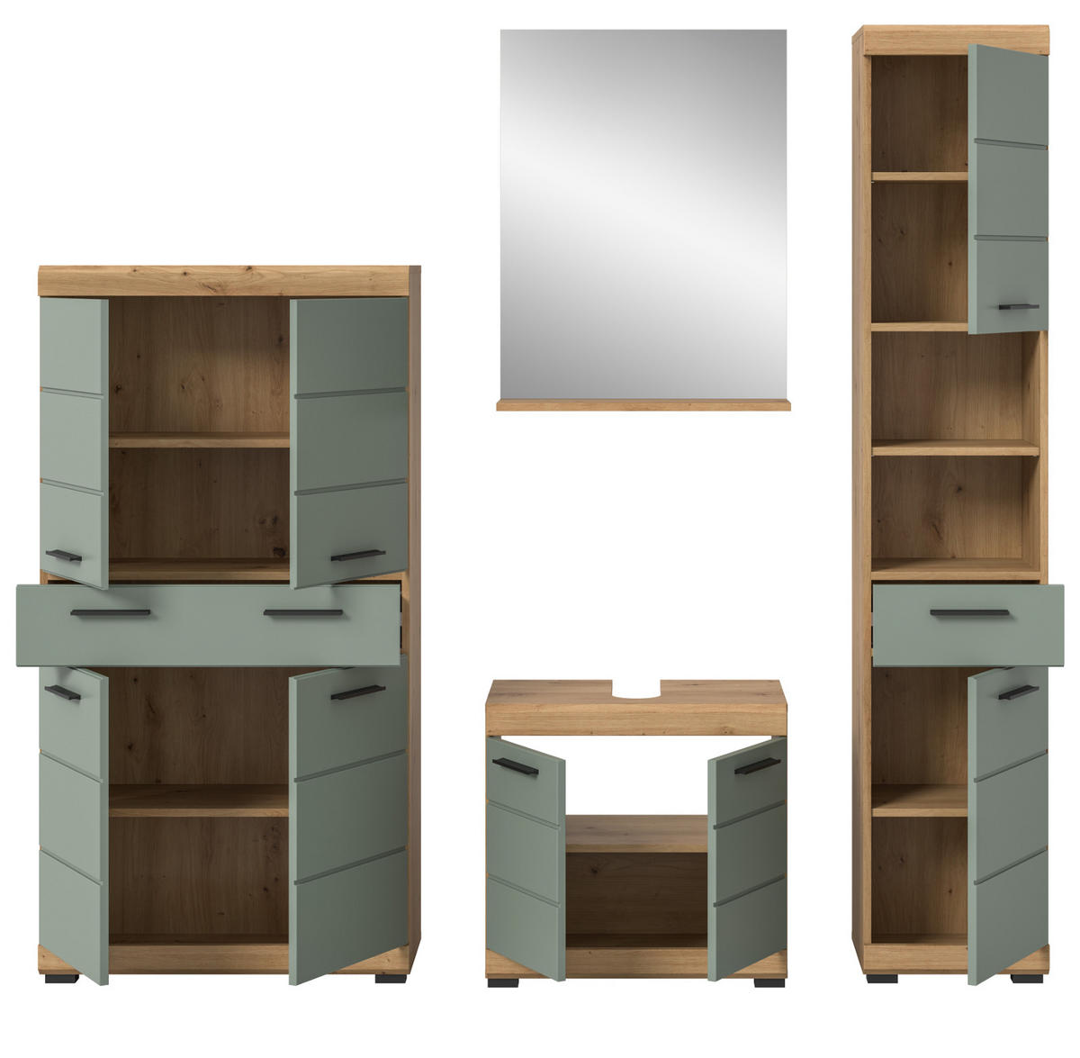 BADMÖBEL-SET Salbei grün, Eiche Artisan 4-teilig 200 cm, Komplettset mit viel Stauraum - Salbeigrün/Schwarz, Glas/Holzwerkstoff (186/191/34cm) - Inn.Furn