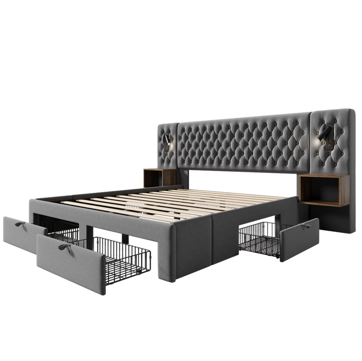 POLSTERBETT 180/200 cm mit 4 Schubladen, 2 Nachttischen, LED-Leselicht & USB/Type-C, Grau Samt - Grau, Textil (180/200cm) - Redom