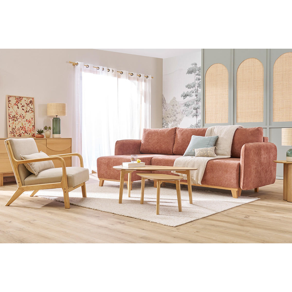 SESSEL Stoff Samteffekt Beige Helles Holz DERRY - Beige, Textil (84/75.5/66cm) - Miliboo