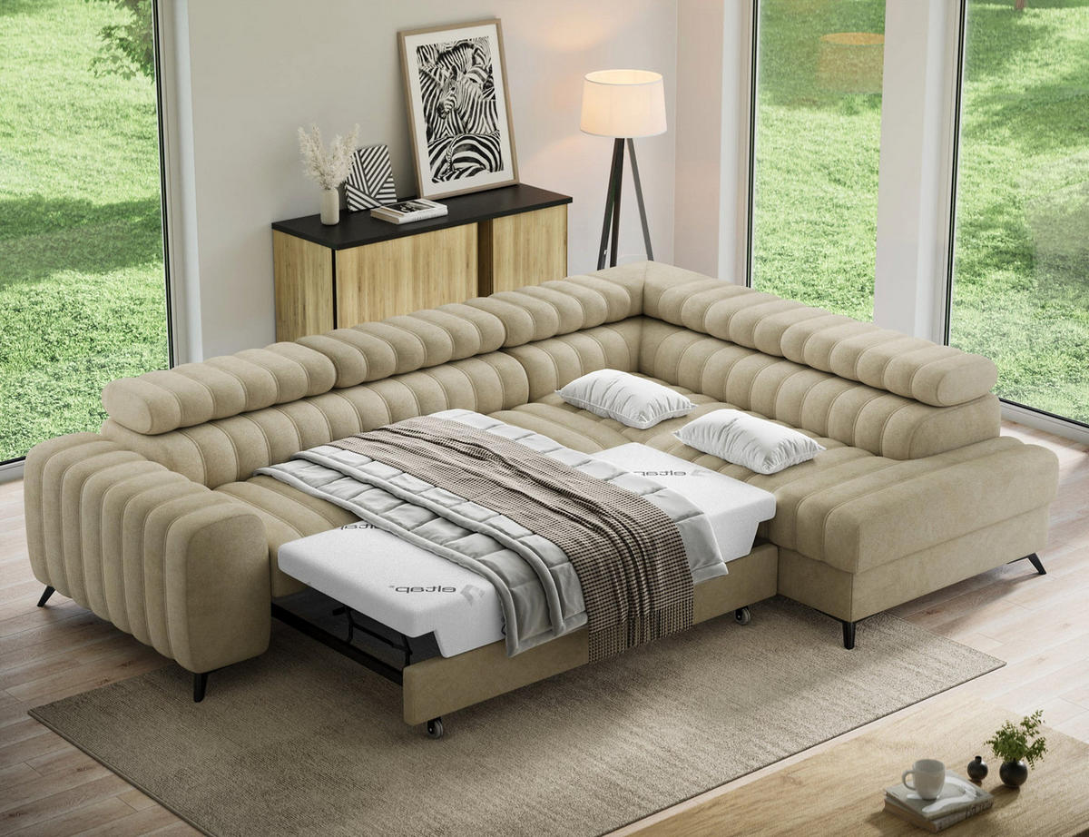 KANEDO Ecksofa mit Schlaffunktion und Bettkasten – Modernes Designsofa, verstellbare Kopfstützen, Metallfüße - Beige, Kunststoff (269/86cm) - Wohnideebilder
