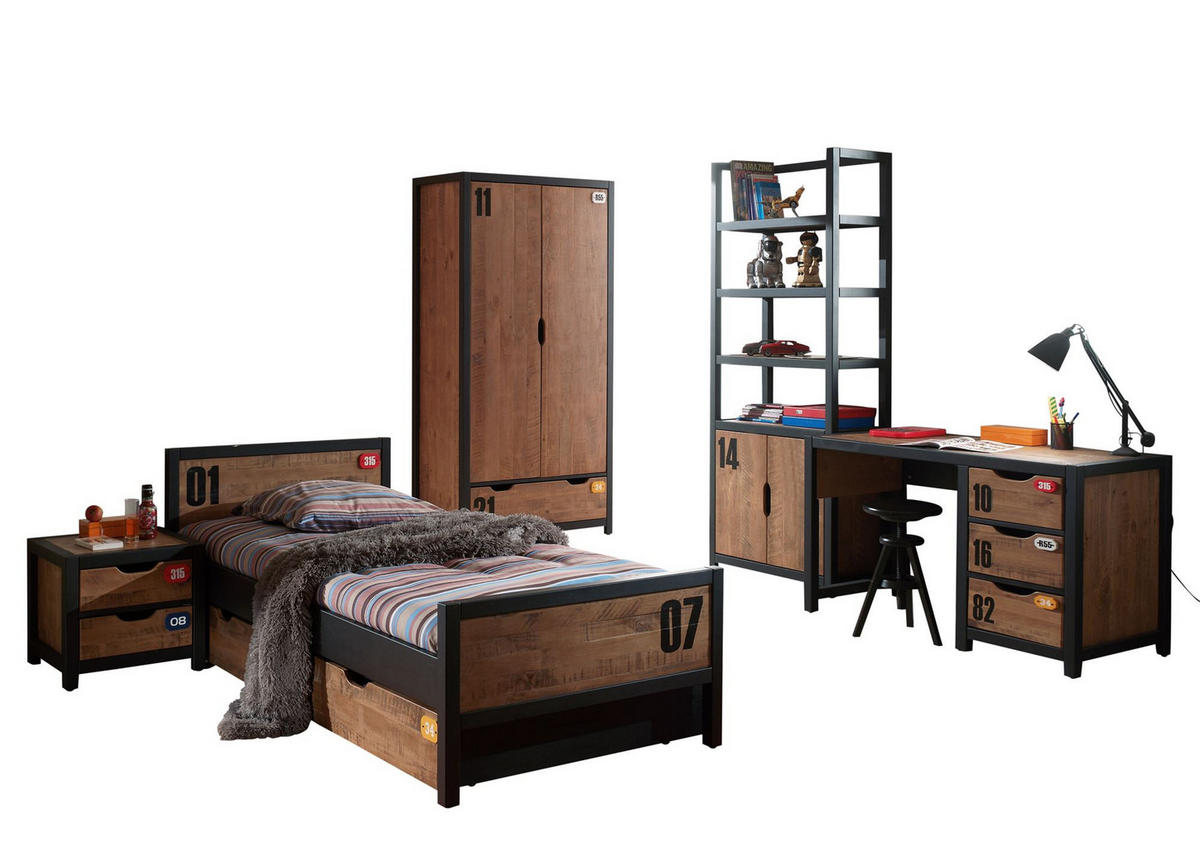 KINDERZIMMER Set komplett Kameko 10 Massivholz+MDF Schwarz/Cognac - Cognac/Schwarz, Holz (291/1/191cm) - 58aufmkessel