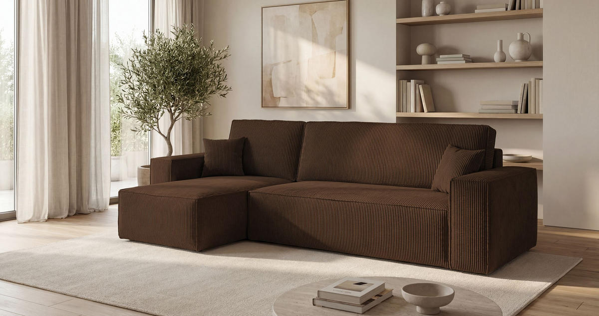 ROHOVÁ pohovka CALIFORNIA MINI levá hnědá manšestr Poso 6 - funkce spaní, úložný prostor - hnědá, textil (245/140cm) - Cornero