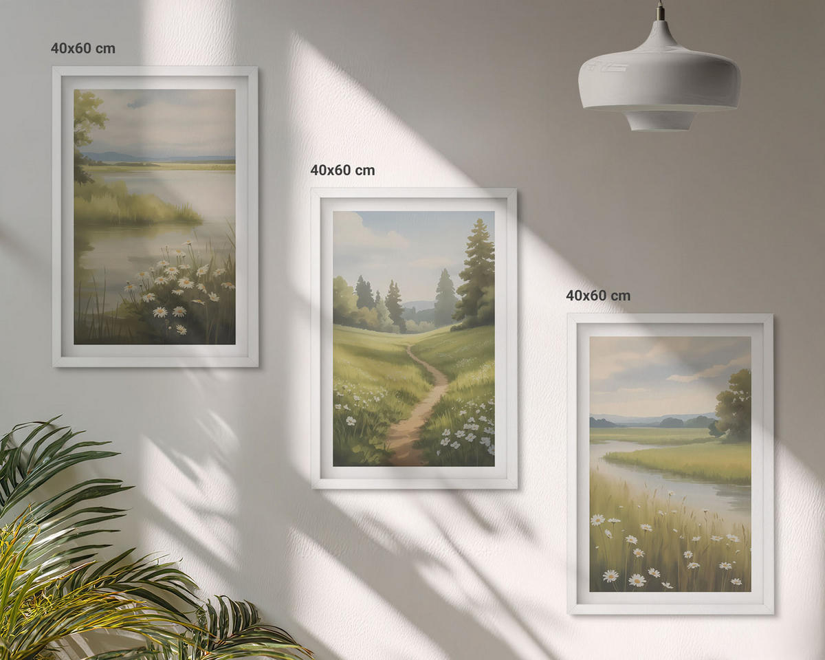 BILDER SET 3er Set - 40x60 cm Weißer Rahmen - Frühlingslandschaft Flusswiese - Weiß, Kunststoff (40/60cm) - TULUP