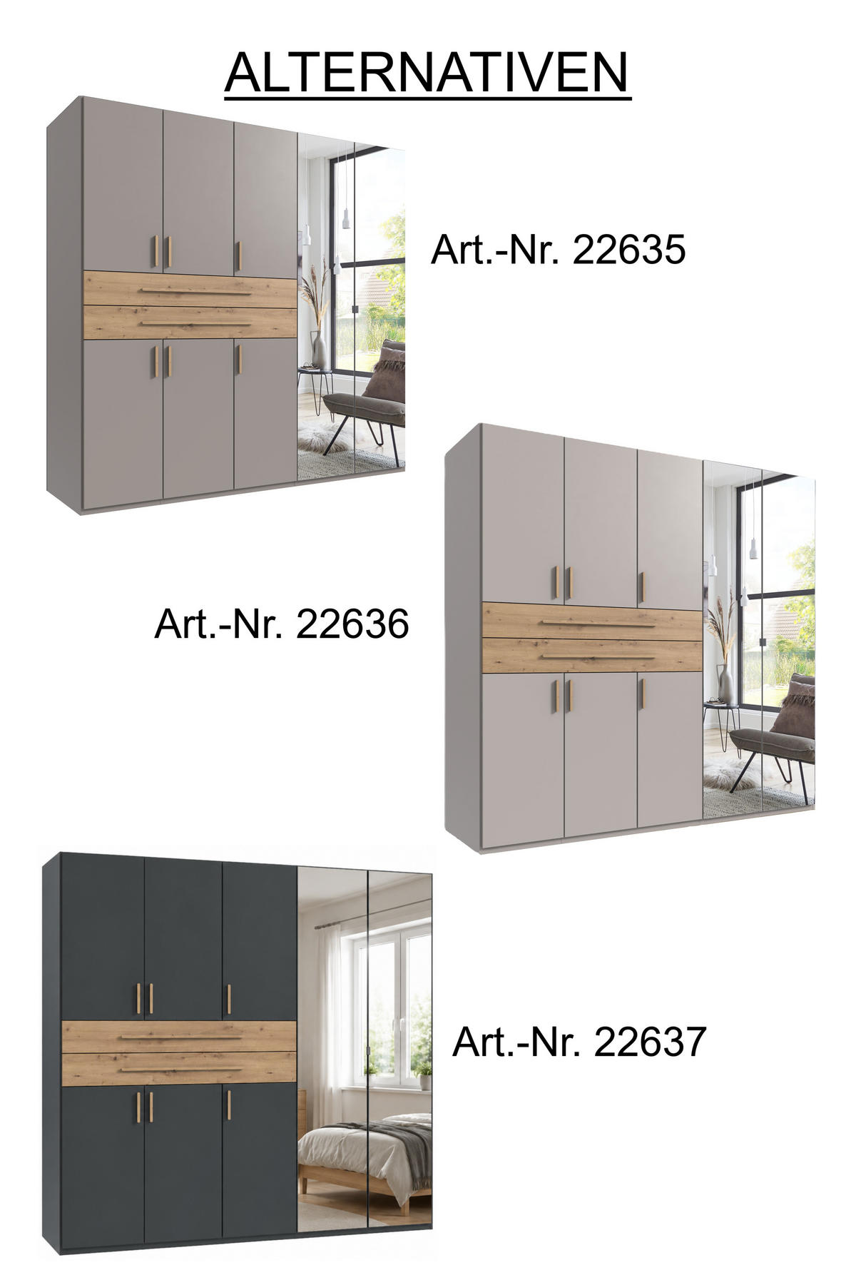 DREHTÜRENSCHRANK B225/H208/T58 cm Beige Grau, Kleiderschrank mit 2 Spiegeltüren, 2 großen Schubkästen & Griffen in Eiche Artisan Dekor / 22636 - Greige/Eiche Artisan, Holzwerkstoff/Kunststoff (225/208/58cm) - luma-home