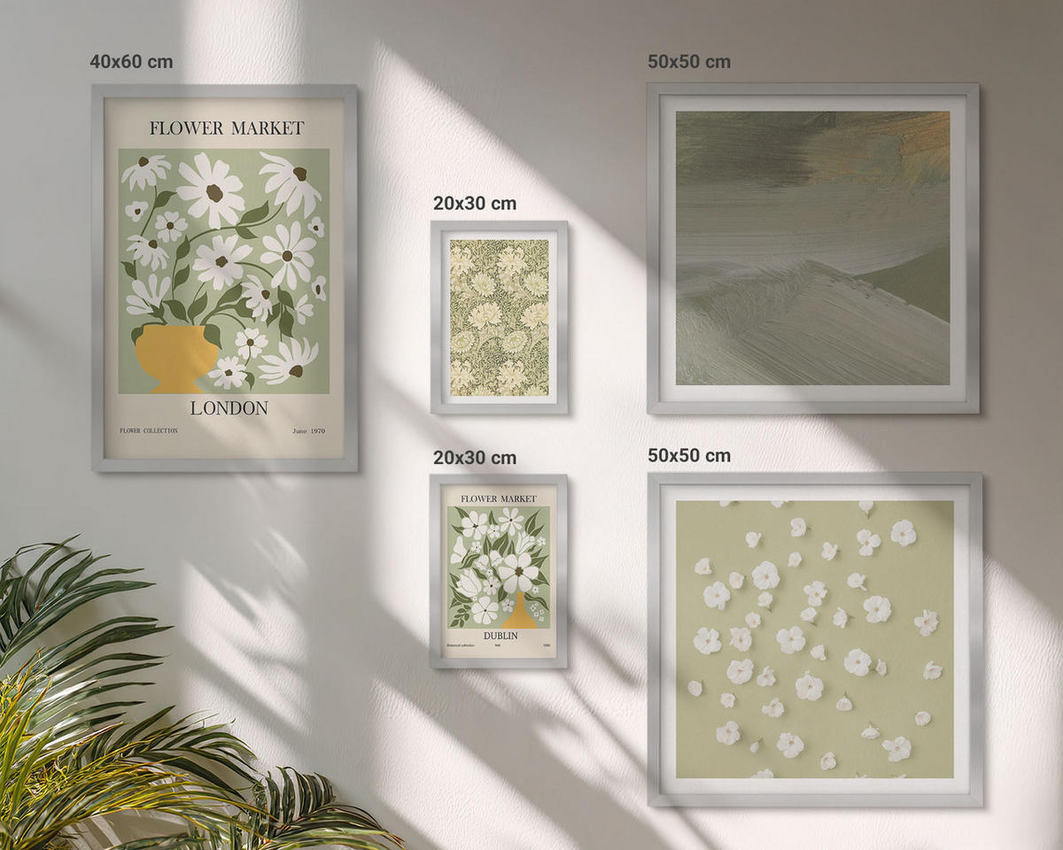BILDER SET 5er Set - 50x50 cm & 20x30 cm & 40x60 cm Silberner Rahmen - Florale Abstraktionen im Boho-Stil - Silberfarben, Kunststoff (40/60cm) - TULUP