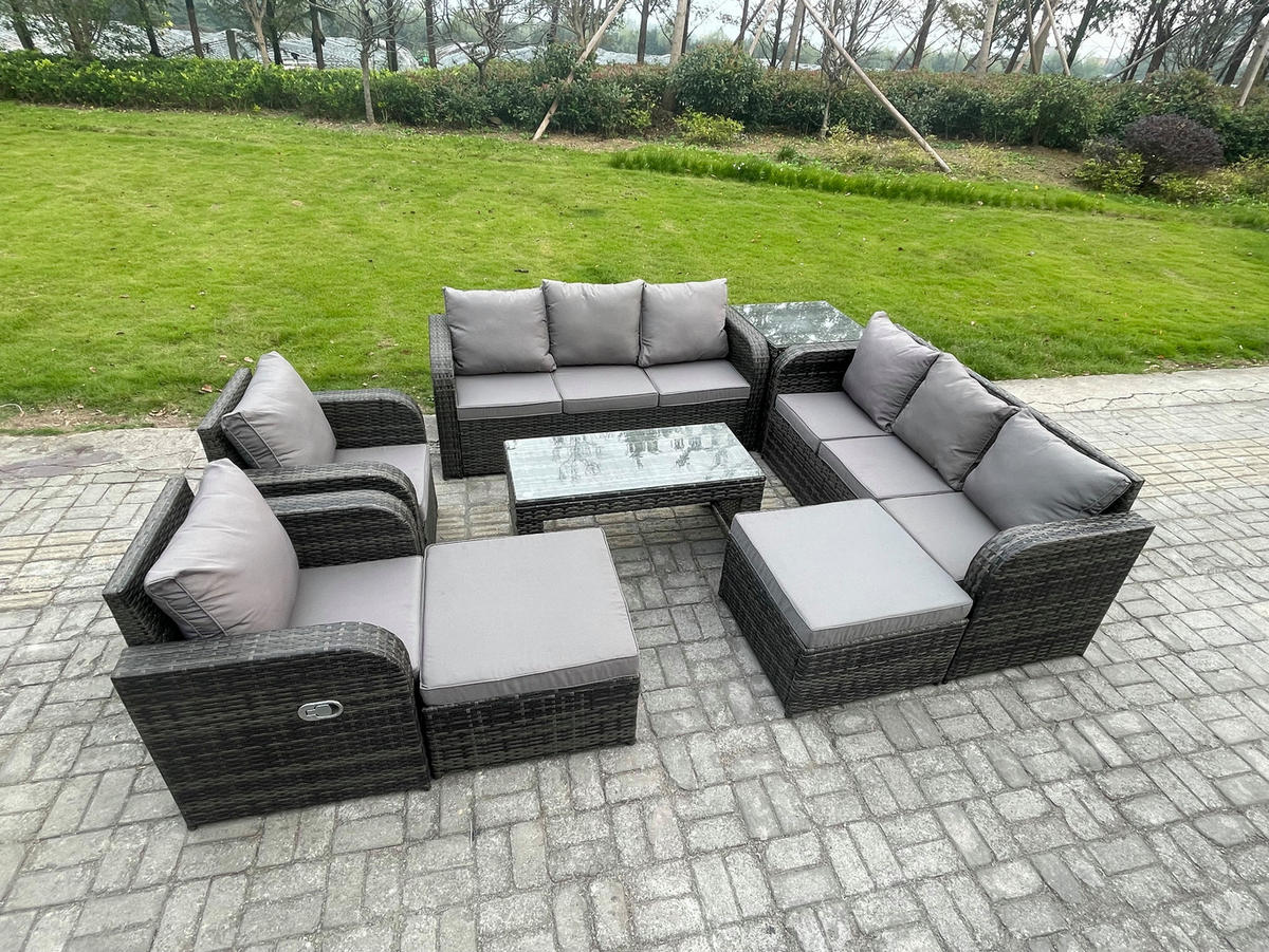 GARTENSOFA SET mit rechteckigem COUCHTISCH Polyrattan 10-Sitzer Dunkelgrau - Dunkelgrau/Grau, Glas/Kunststoff - Fimous