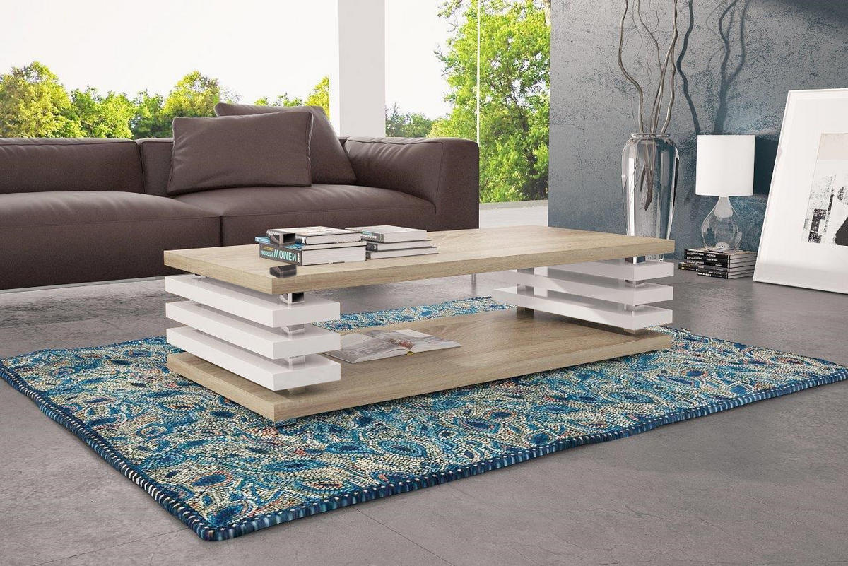COUCHTISCH rechteckig Sonoma Weiß Hochglanz Ablage 120/40/60 cm - Weiß Hochglanz/Sonoma Eiche, Holzwerkstoff (60/120/40cm) - designimpex