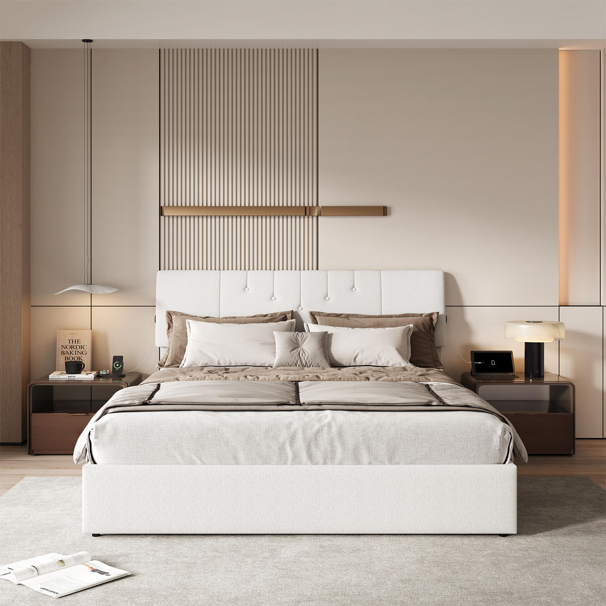 POLSTERBETT 140/200 cm Weiß mit hydraulischem Stauraum, LED-Kopfteil mit USB-C und USB-Anschluss - Weiß, Metall (140/200cm) - EuroLiving
