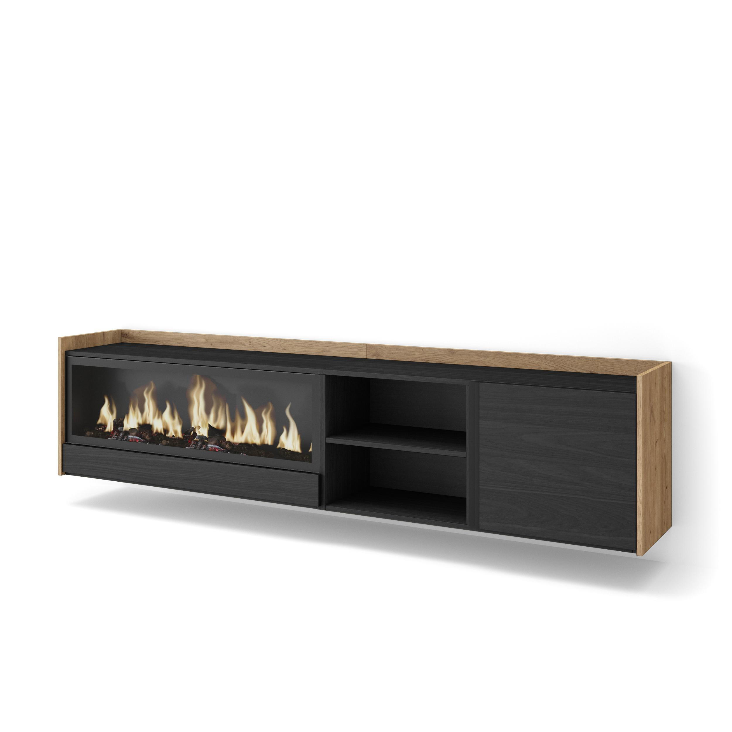 LOWBOARD, Schwarz und Eiche, 212/35/50cm, Kamin mit Feuereffekt XXL - Schwarz, Holzwerkstoff (212/50/35cm) - Skraut Home