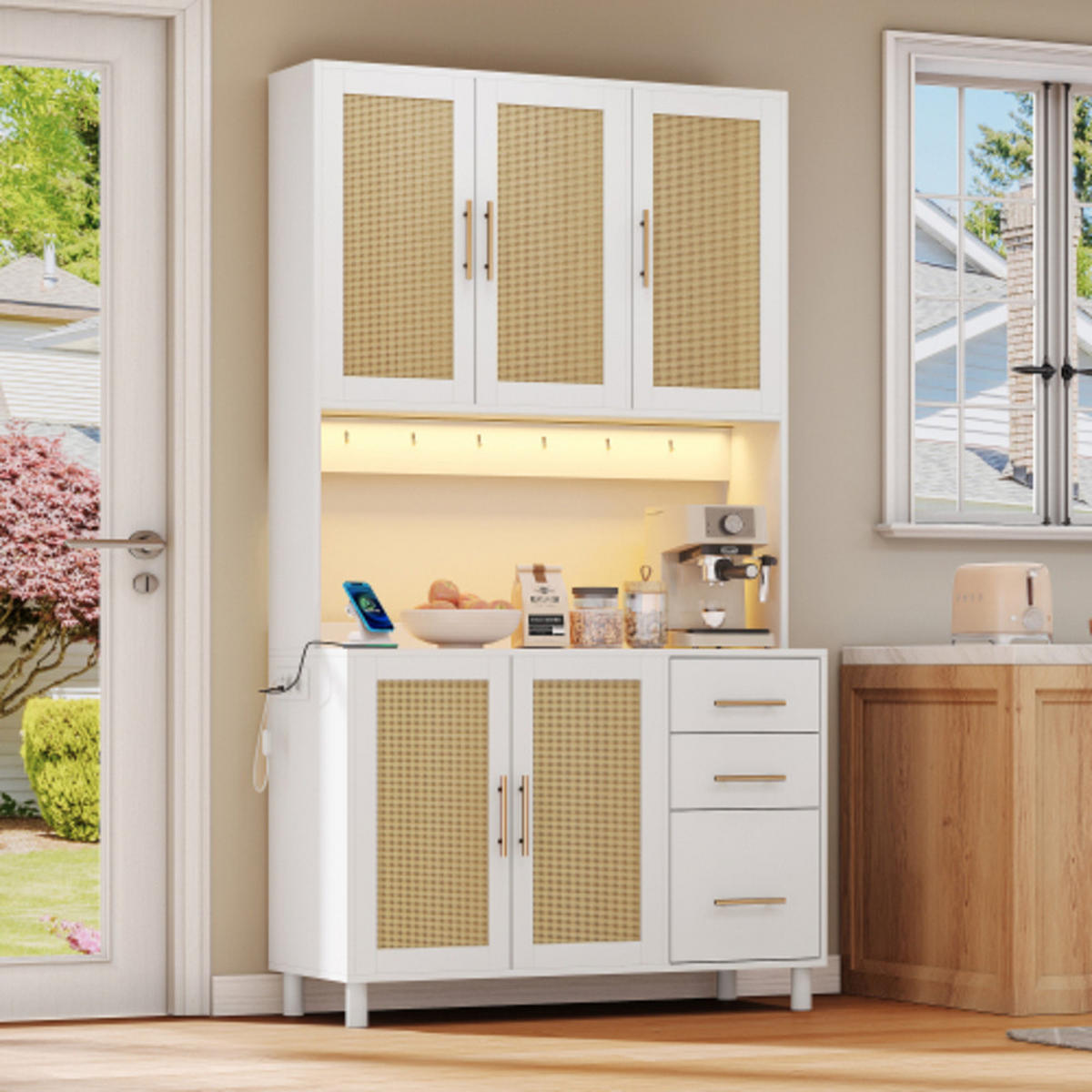 KÜCHENSCHRANK Weiß aus MDF mit Rattanfront, LED-Beleuchtung und integrierten Steckdosen 100×40×183 cm - Weiß, Holzwerkstoff (100/183/40cm) - Luhomfu