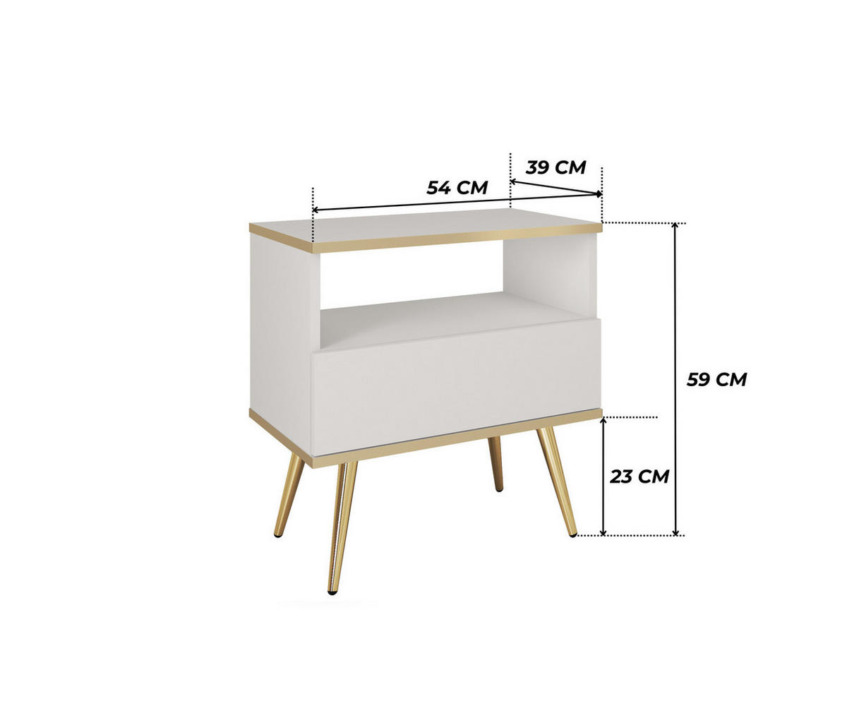 NACHTTISCH FORNO (Weiß, Goldene Details, 1 Schublade, offenes Fach, goldene Metallfüße) - Gelb/Goldfarben, Holz/Holzwerkstoff (54/59/39cm) - Ravio