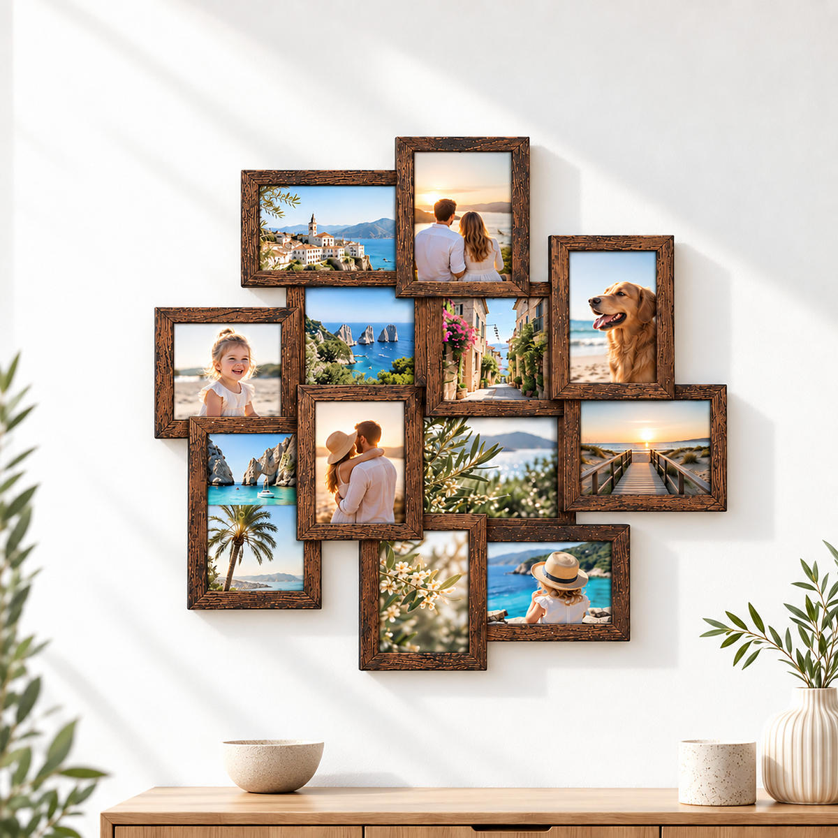 FOTORÁMIK vintage hnedá koláž na 12 fotografií 10x15 cm - hnedá, kompozitné drevo/plast (62/64.5/3.5cm) - Relaxdays