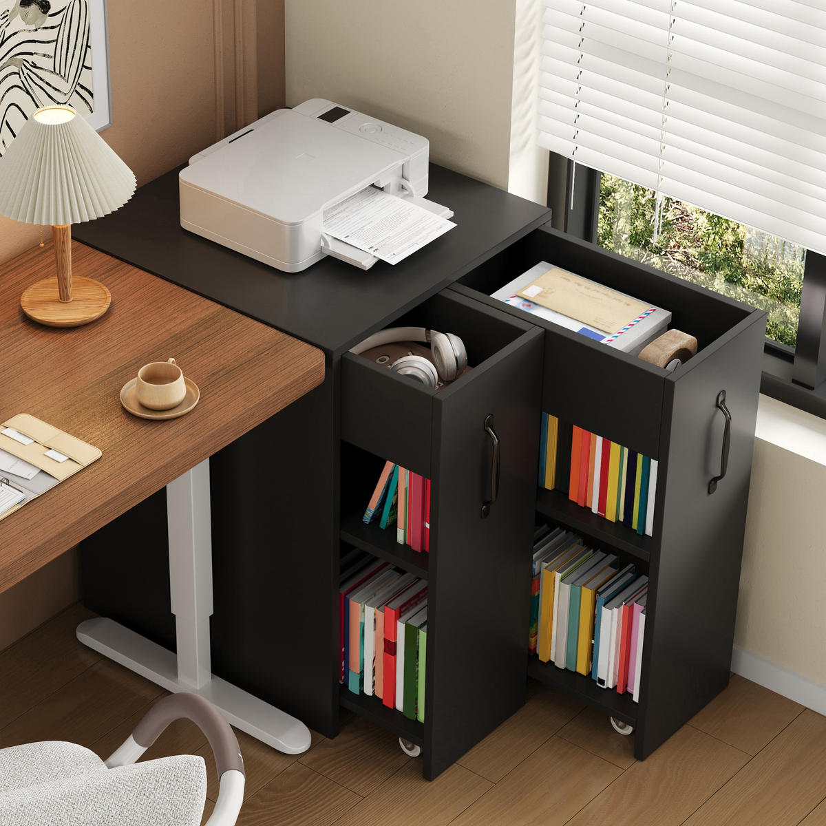 SIDEBOARD aus Spanplatte 52x50x75 cm Schwarz mit Rollen, beidseitig montierbaren Auszügen und offenen Fächern - Schwarz, Holzwerkstoff (52/75/50cm) - Modfu