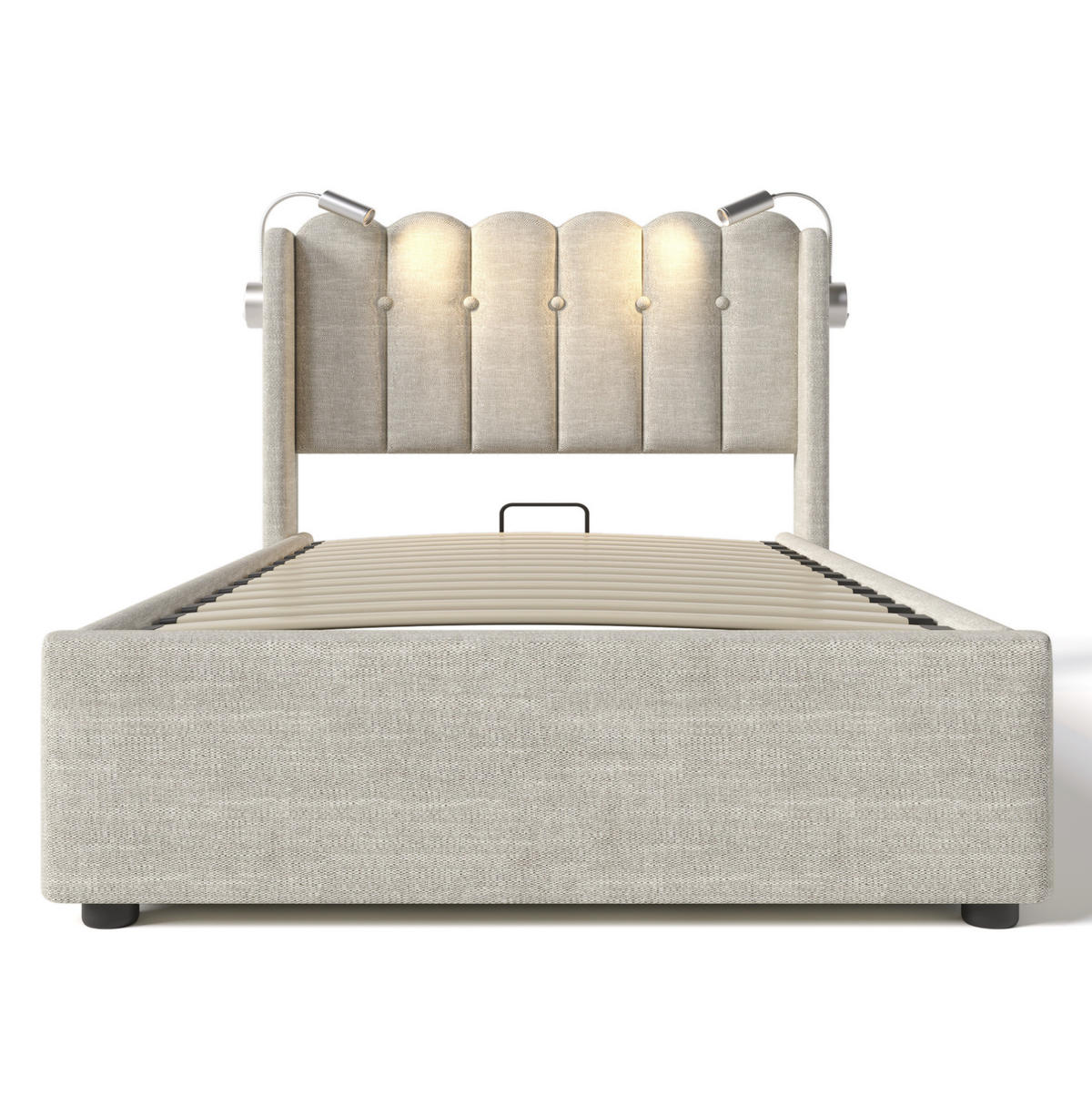 BETT mit Stauraum, USB und Leselicht 90x200 cm Leinen Natur - Beige, Metall (90/200cm) - Meubliv