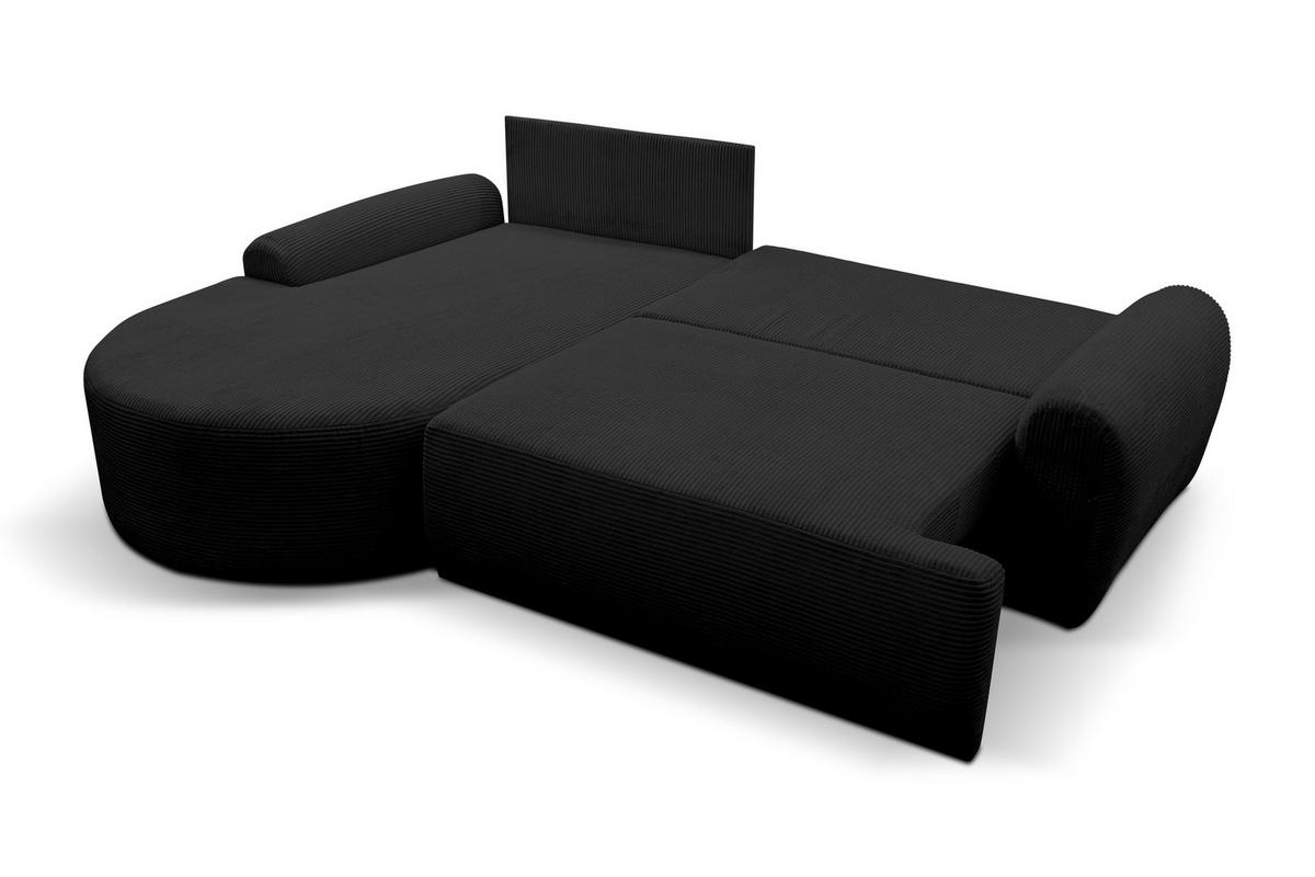 ECKSOFA Dream Cord in L-Form mit Schlaffunktion und Bettkasten, Farbe: Schwarz, Cordstoff, Ottomane Links - Schwarz, Textil (136/260cm) - VENASI MÖBEL