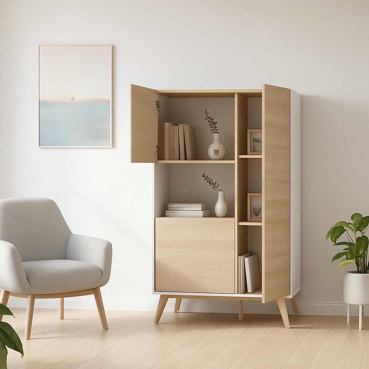 HIGHBOARD Holz-Effekt Eiche, Weiß 43x81h135 - Honigeiche/Weiß, Holzwerkstoff (81/135/43cm) - DMORA