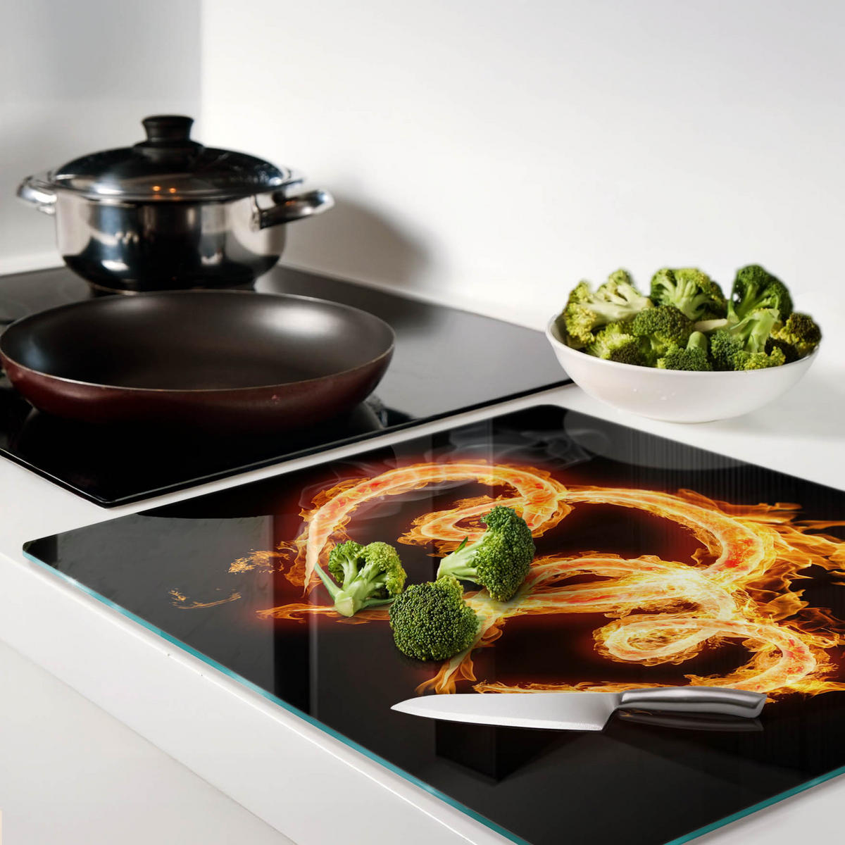 GLASPLATTE 60x52 cm Feuerherzen - Schwarz, Glas (60/0.4/52cm) - TULUP