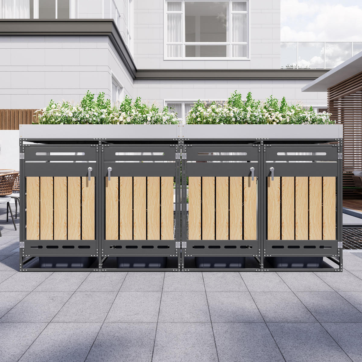 MÜLLTONNENBOX 4er Set Pflanzkasten Holzoptik Schloss - Schwarz, Metall (262/120/79cm) - LEBENLANG