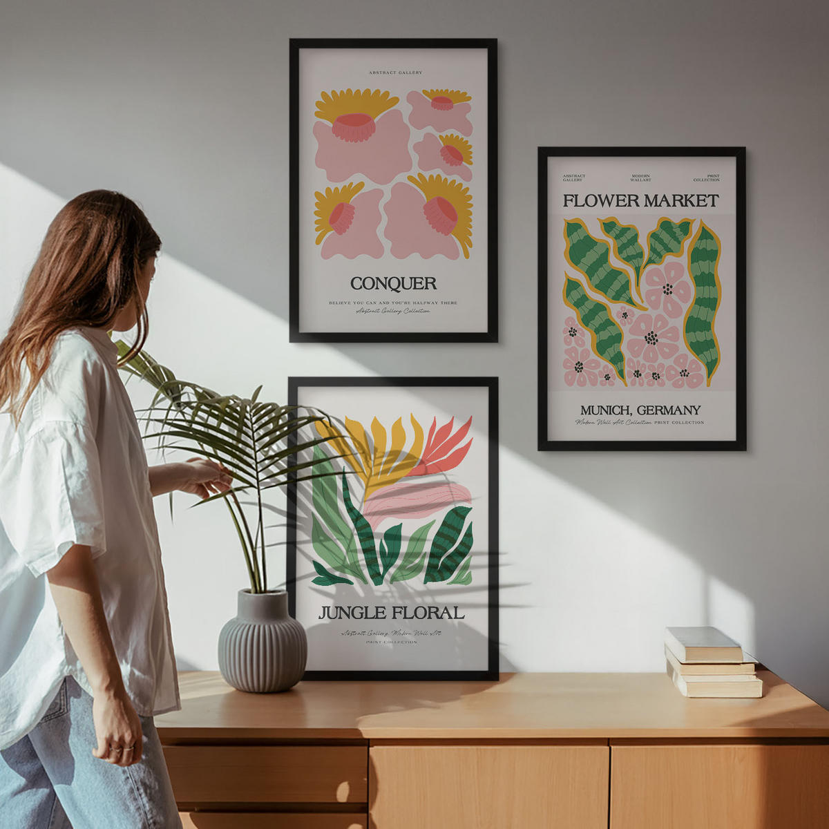 WANDBILDER 3er-Set - 40x60 cm Schwarzer Rahmen - Blumen und Blätter – moderne Poster - Schwarz, Kunststoff (40/60cm) - ArtPrintCave