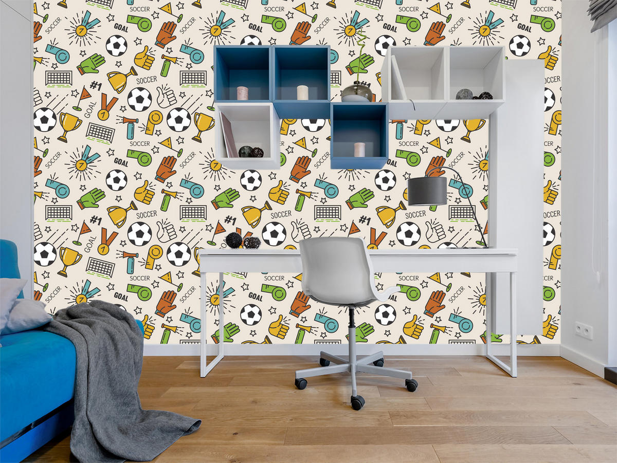 VLIESTAPETE Fußball, Medaillen und Pokale – Bunt, Beige – 50x1000 cm - Beige/Multicolor, Papier (50/1000cm) - Muralo