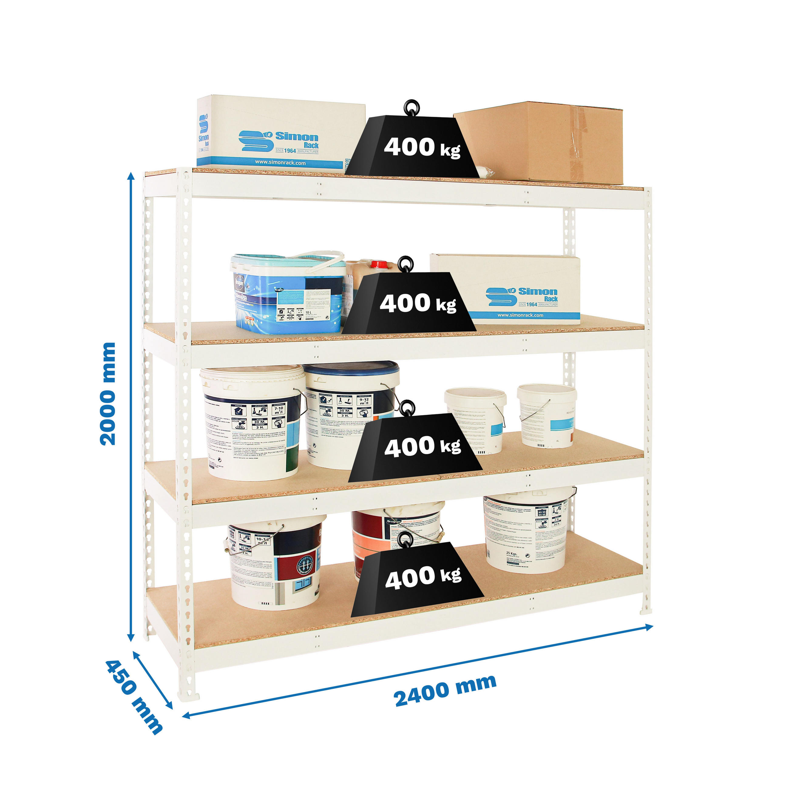 SCHWERLASTREGAL Wood Beast Four HxBxT 200 x 240 x 45 cm Fachlast 400 kg Weiß - Weiß, Metall (240/200/45cm) - PROREGAL