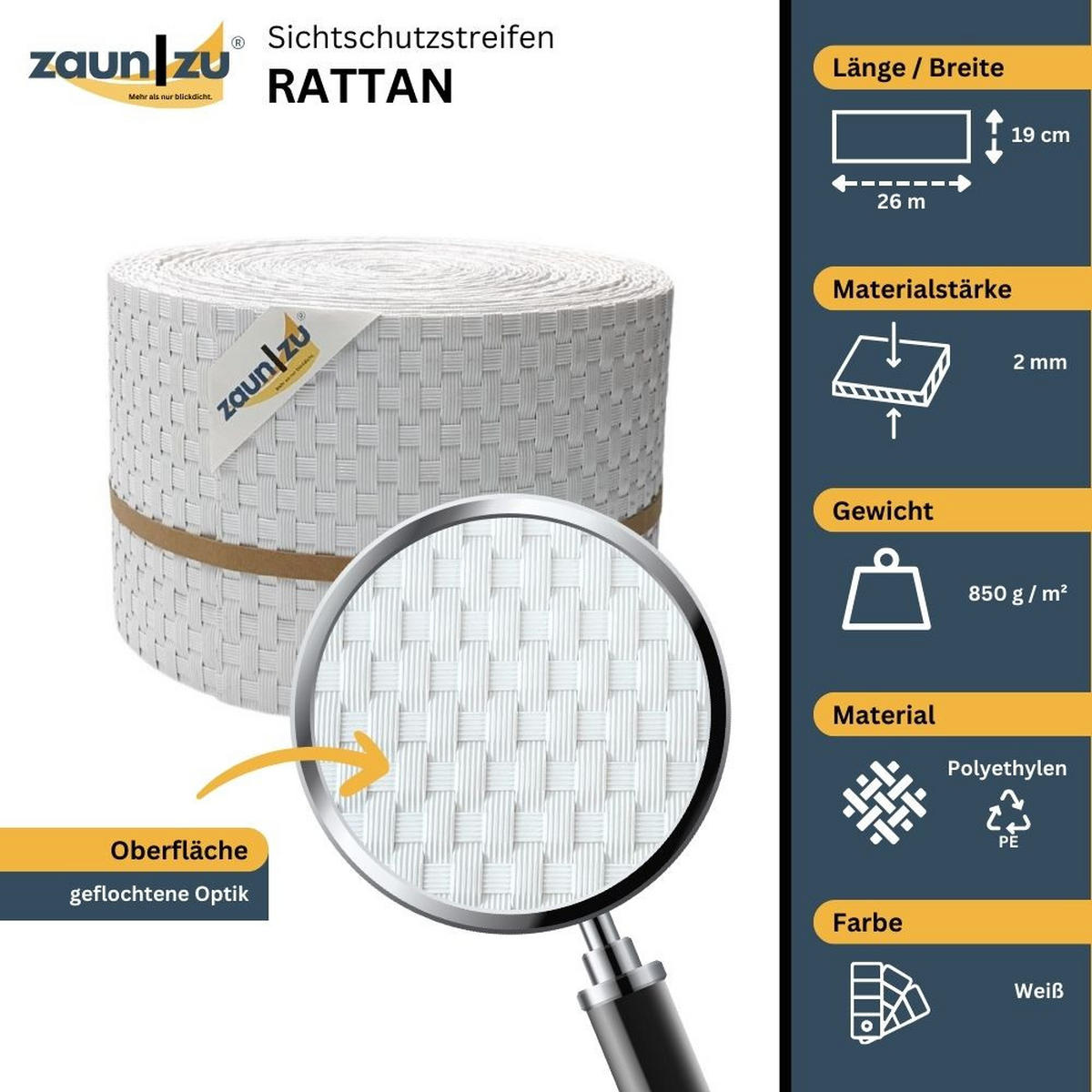 SICHTSCHUTZSTREIFEN Rattan PE für Doppelstabmatten Weiß 26m - Weiß, Kunststoff (2600/19cm) - ZAUN|ZU