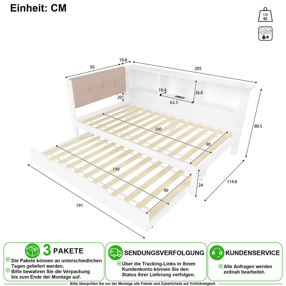 POSTEL S VÝSUVNÝM LŮŽKEM 90/200 cm a 90/190 cm v bílé barvě s LED a USB - bílá, dřevo/kompozitní dřevo (90/200cm) - CHICFURN