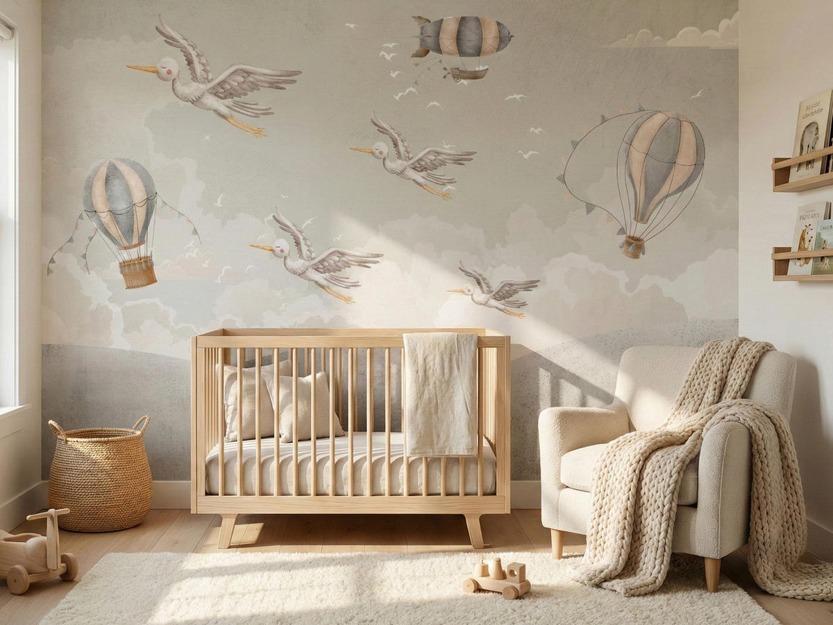 FOTOTAPETE für Kinderzimmer Boho Störche Aquarell Balon Luftschiff Himmel 450x315 - Beige/Weiß, Papier (450/315cm) - Muralo