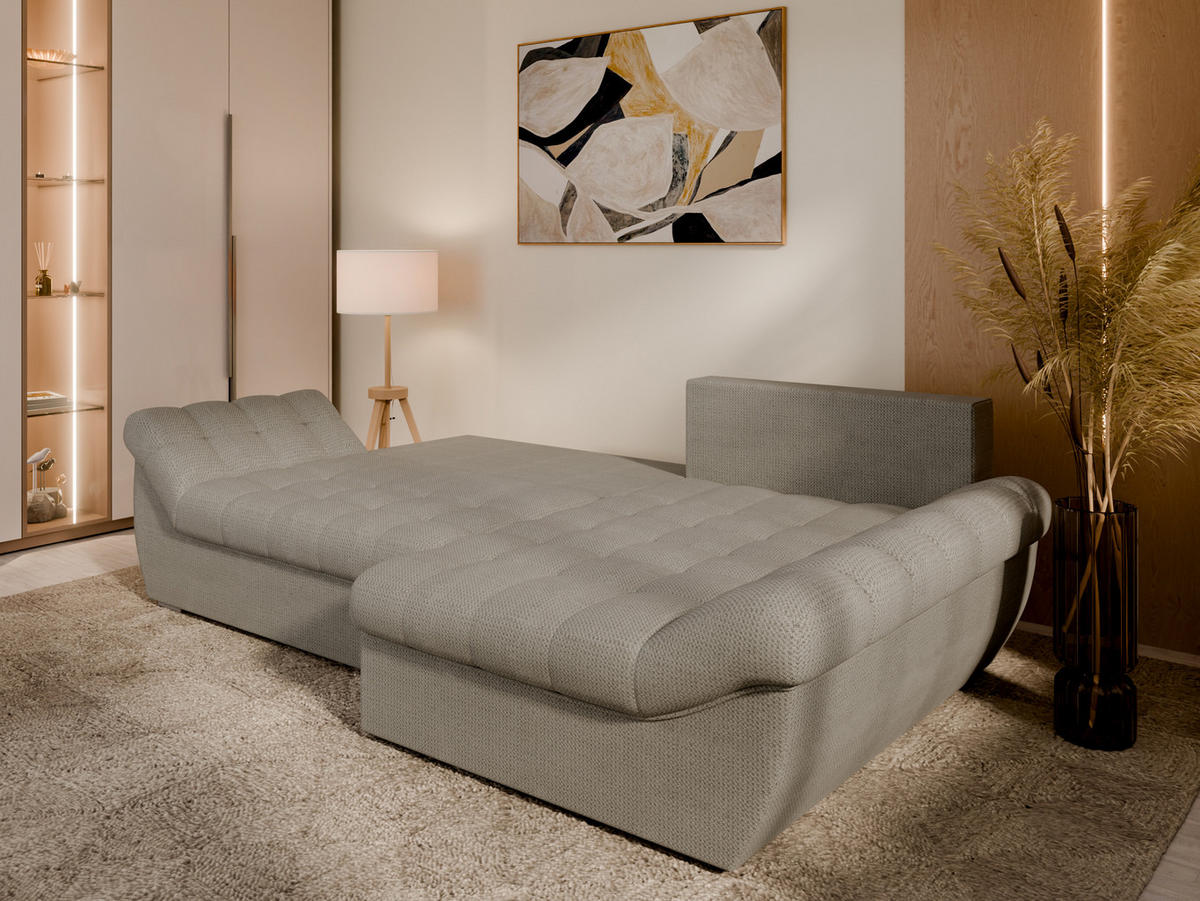 ECKSOFA ZAYA mit Schlaffunktion L-Form, Sofa mit Bettkasten, Wohnzimmersofa, Couch, Soffa, Bettsofa, RECHTS- Elephant - Zinkfarben, Holz (279/175cm) - Homesy