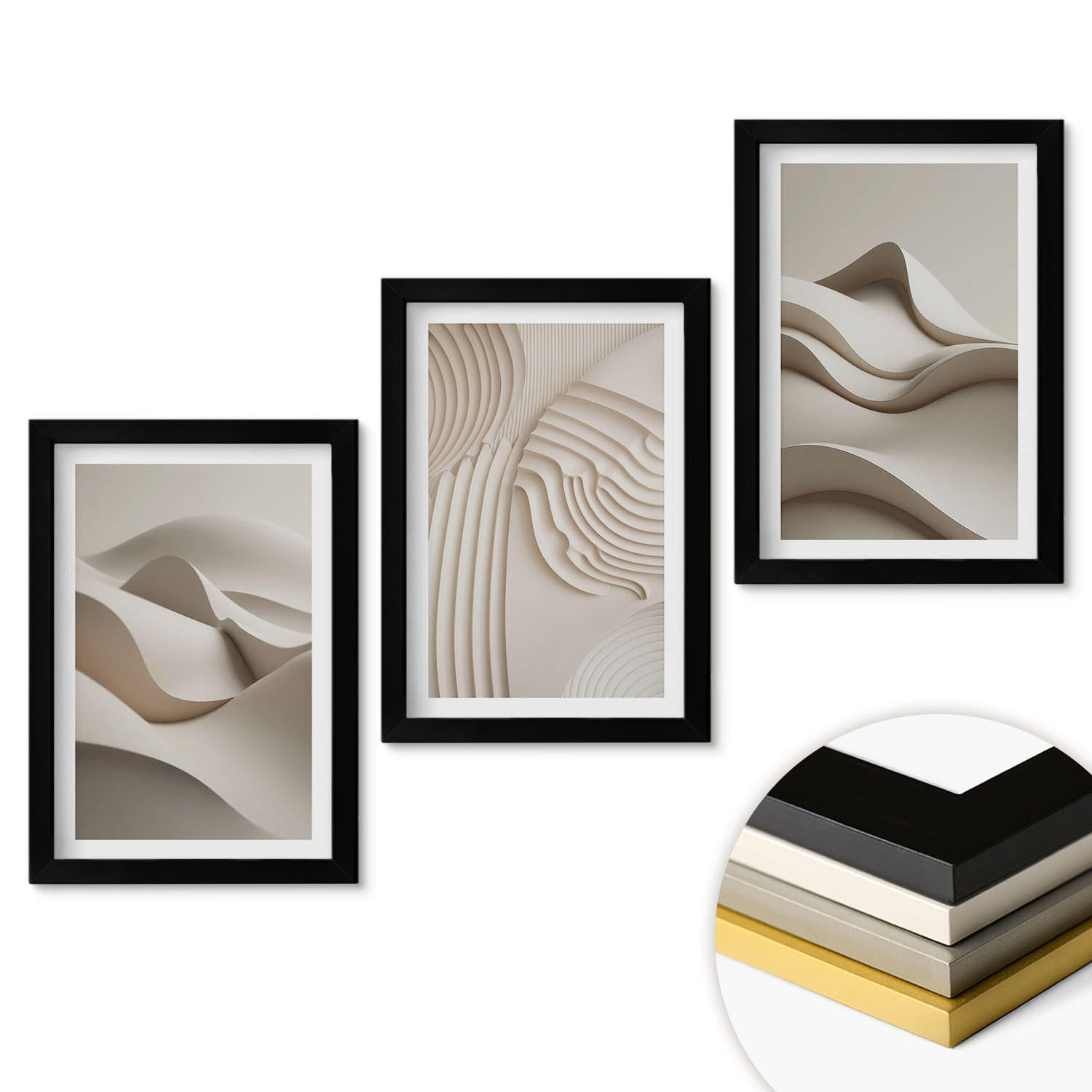 WANDBILDER 3er-Set - 20x30 cm Schwarzer Rahmen - Abstrakte beige Wellen - Schwarz, Kunststoff (20/30cm) - ArtPrintCave